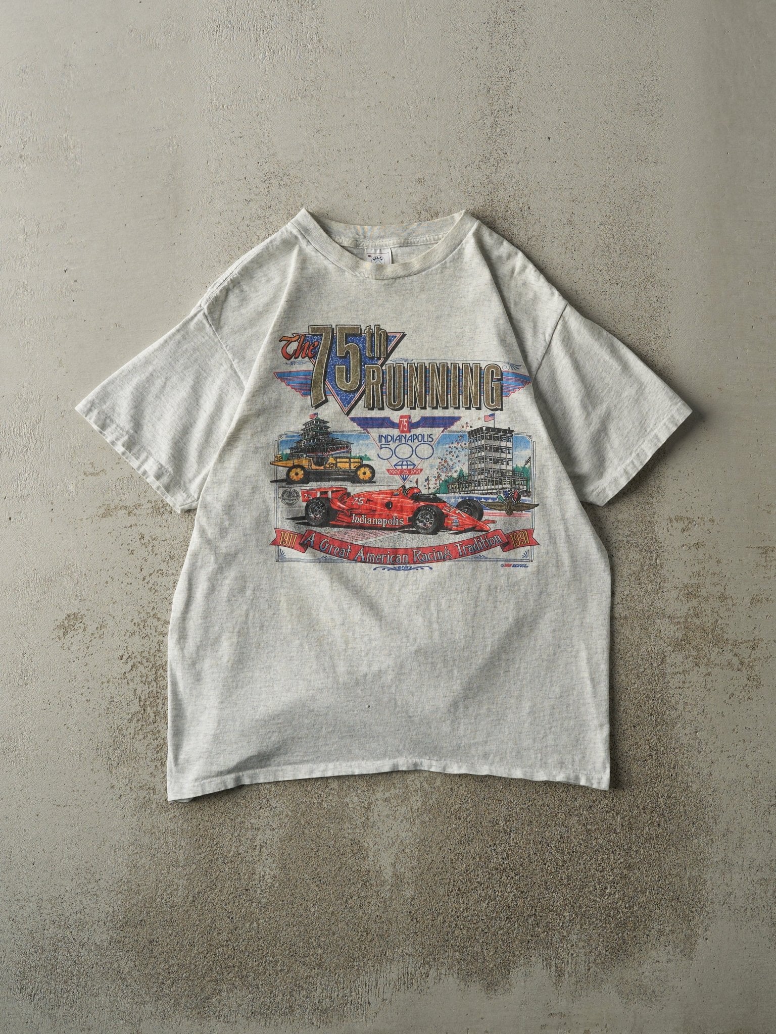 Vintage 91' Heather Grey 75th Indianapolis 500 Racing Tee (M)