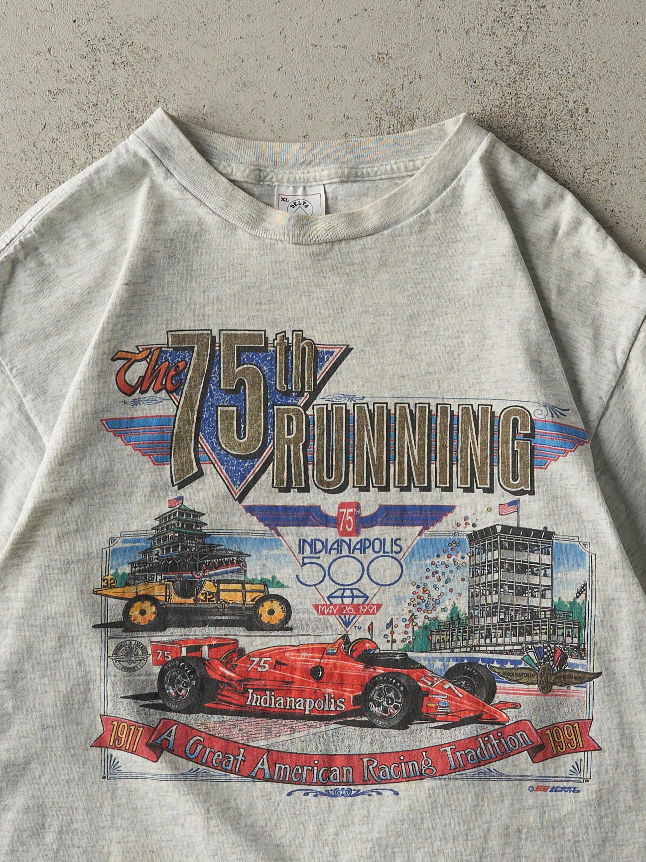 Vintage 91' Heather Grey 75th Indianapolis 500 Racing Tee (M)