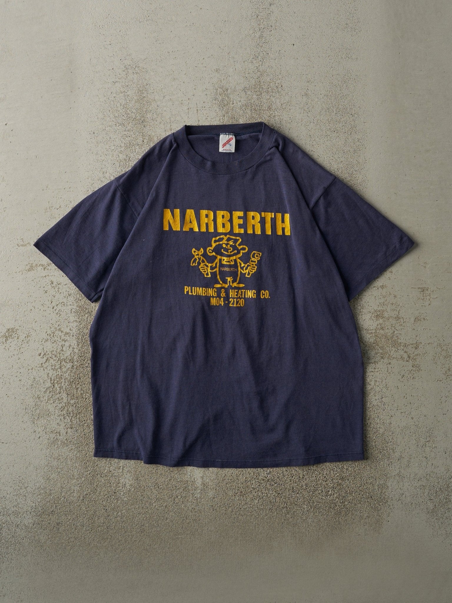 Vintage 80s Navy Blue Narberth Plumbing Single Stitch Tee (L)