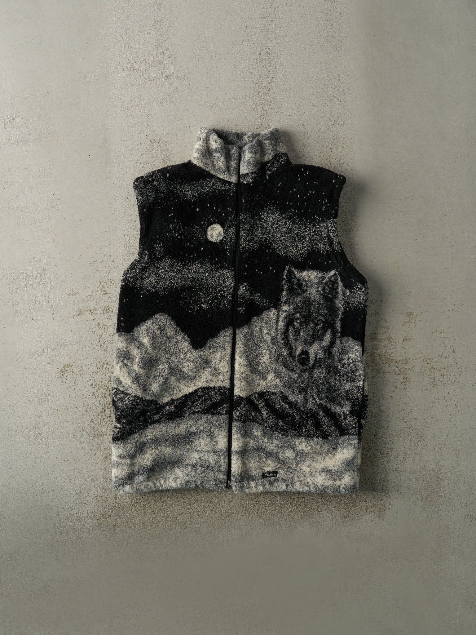 Vintage 90s Black & Grey Wolf Scene Sherpa Fleece Jacket (XL)