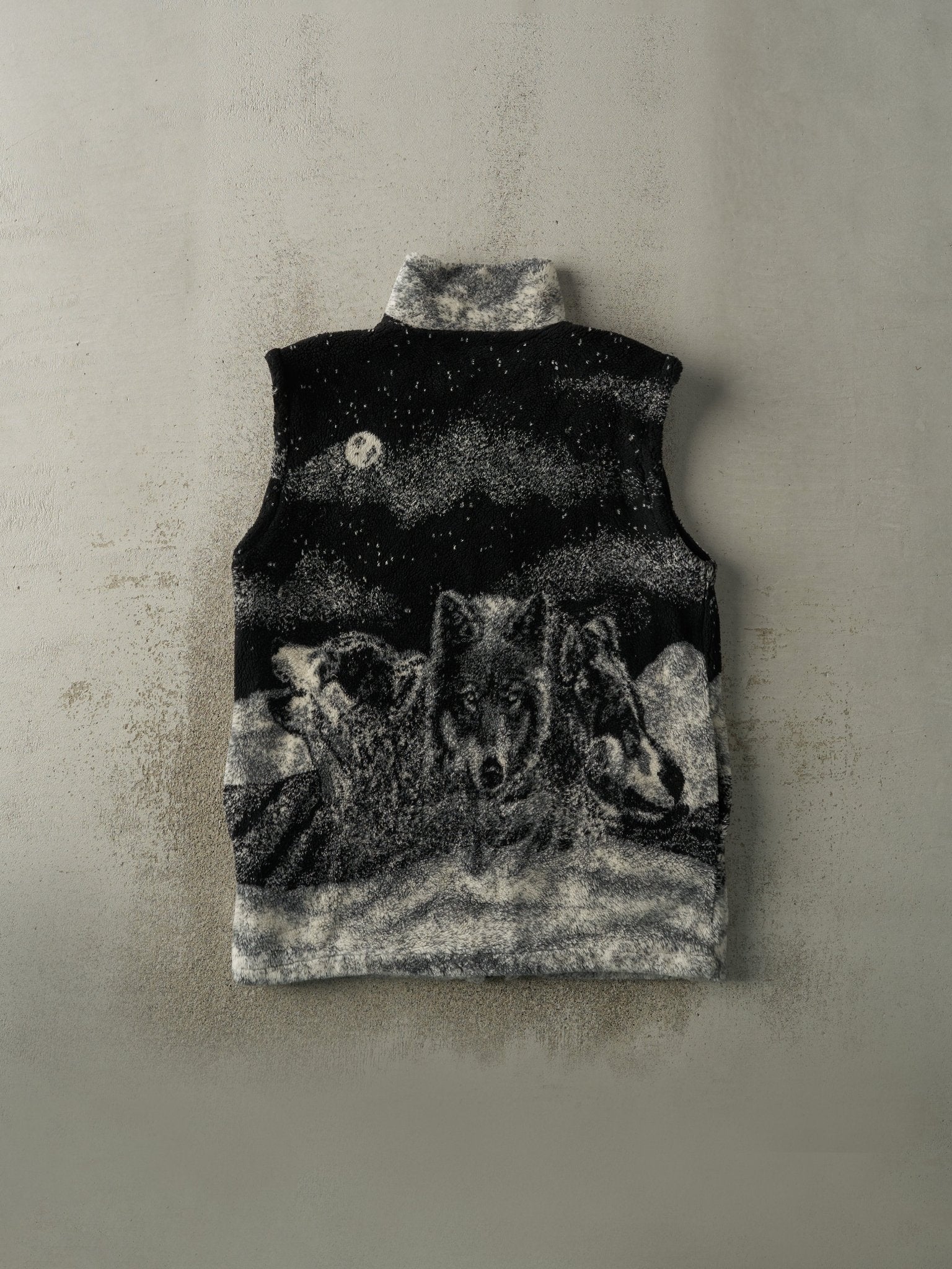 Vintage 90s Black & Grey Wolf Scene Sherpa Fleece Jacket (XL)