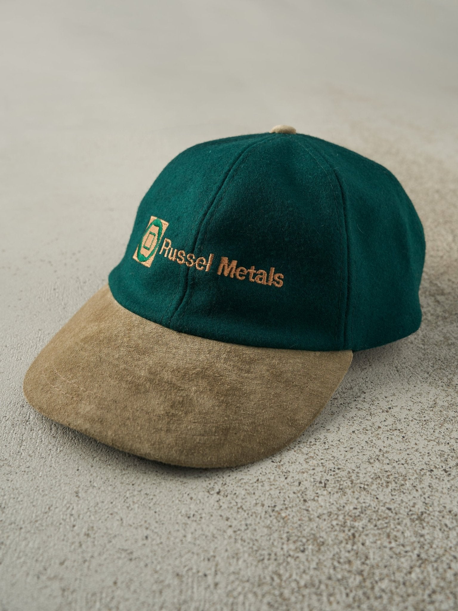 Vintage 90s Green & Beige Russell Metals Two Tone Strapback Hat