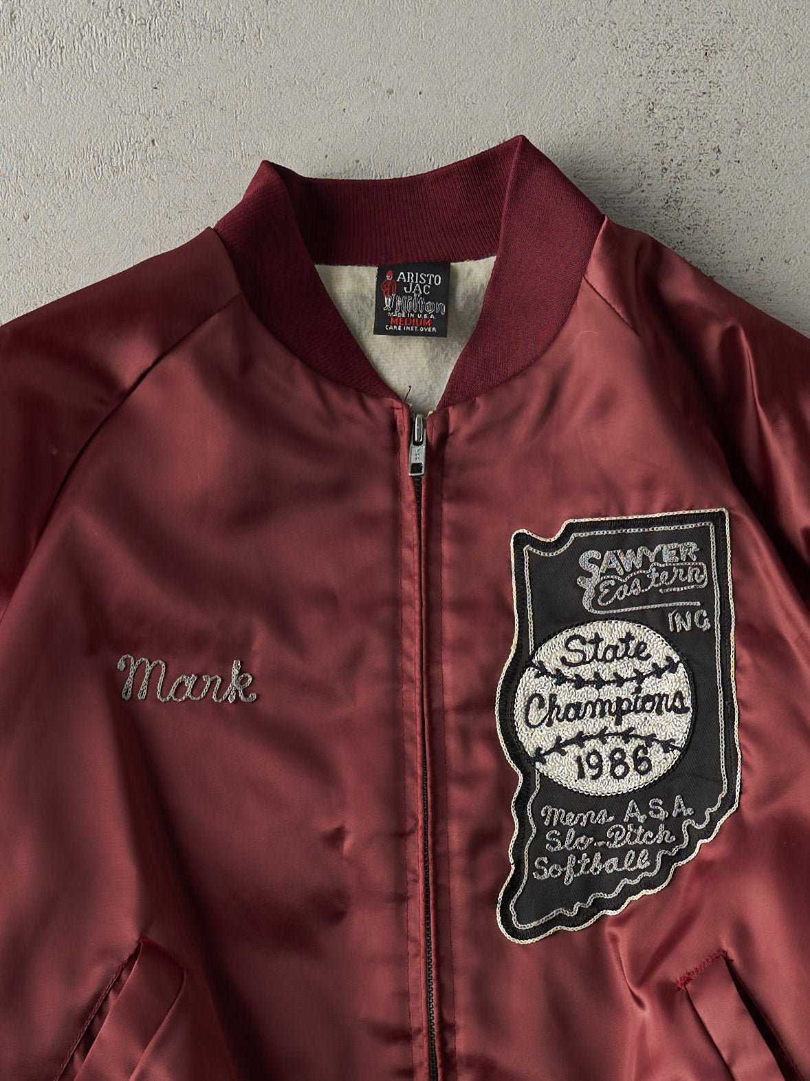 Vintage 86' Burgundy Mens Softball State Champion Satin Bomber (M)