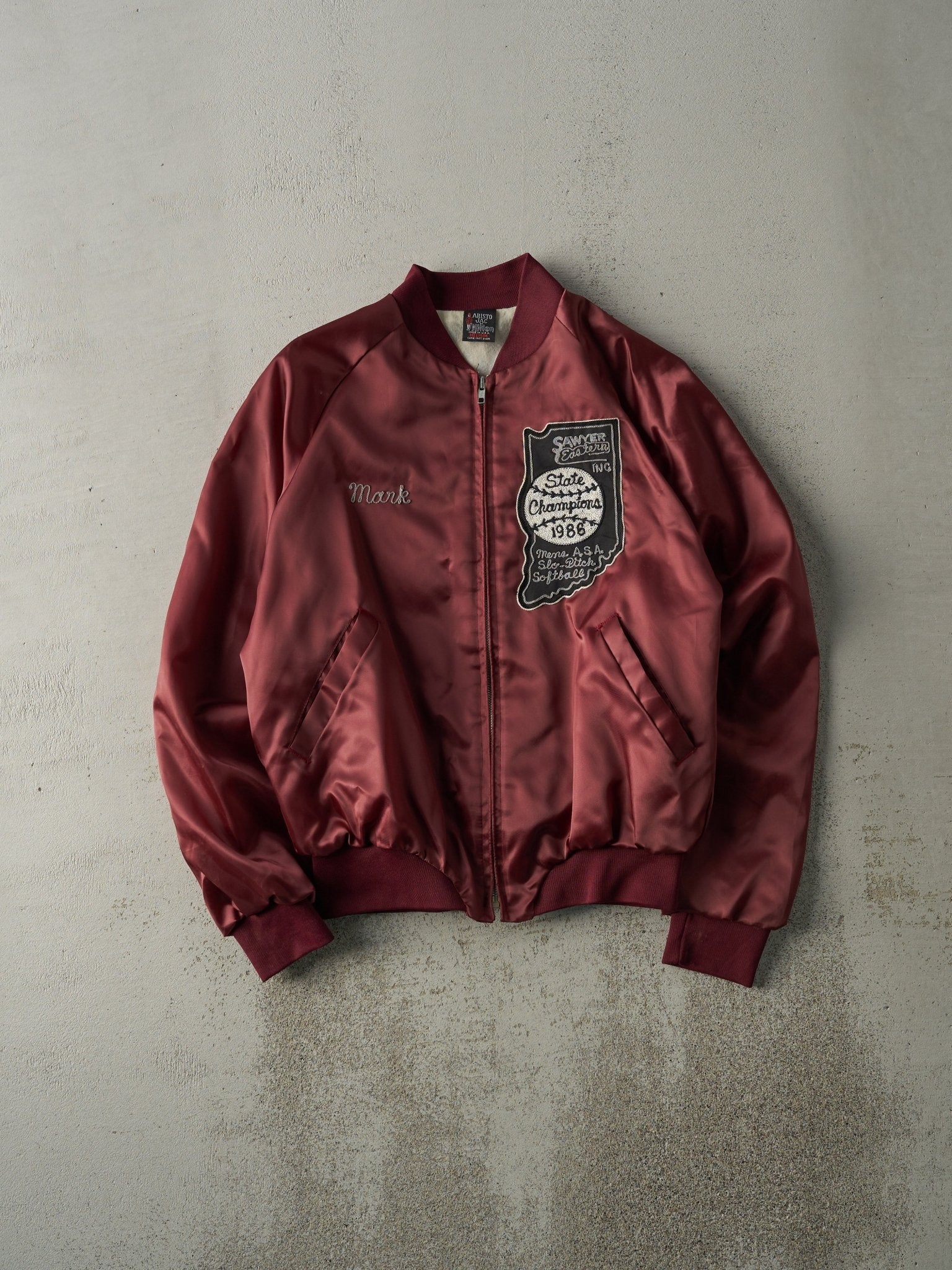 Vintage 86' Burgundy Mens Softball State Champion Satin Bomber (M)