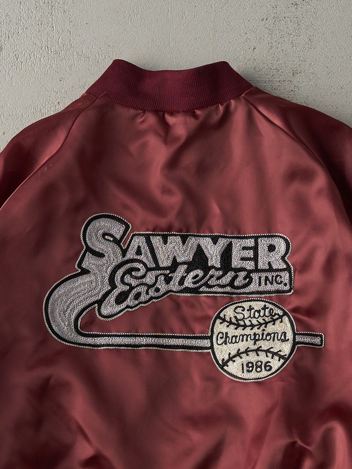 Vintage 86' Burgundy Mens Softball State Champion Satin Bomber (M)