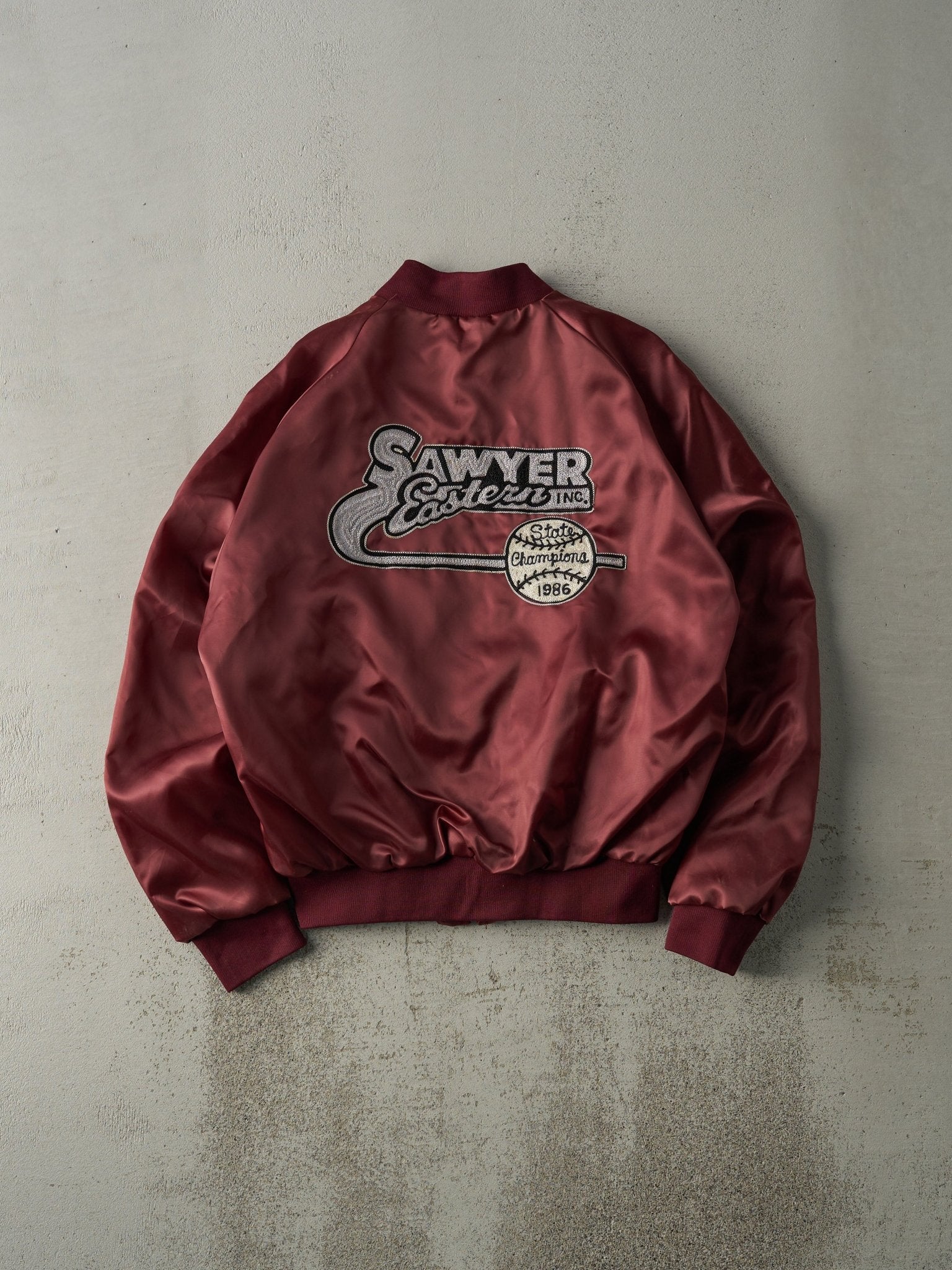 Vintage 86' Burgundy Mens Softball State Champion Satin Bomber (M)
