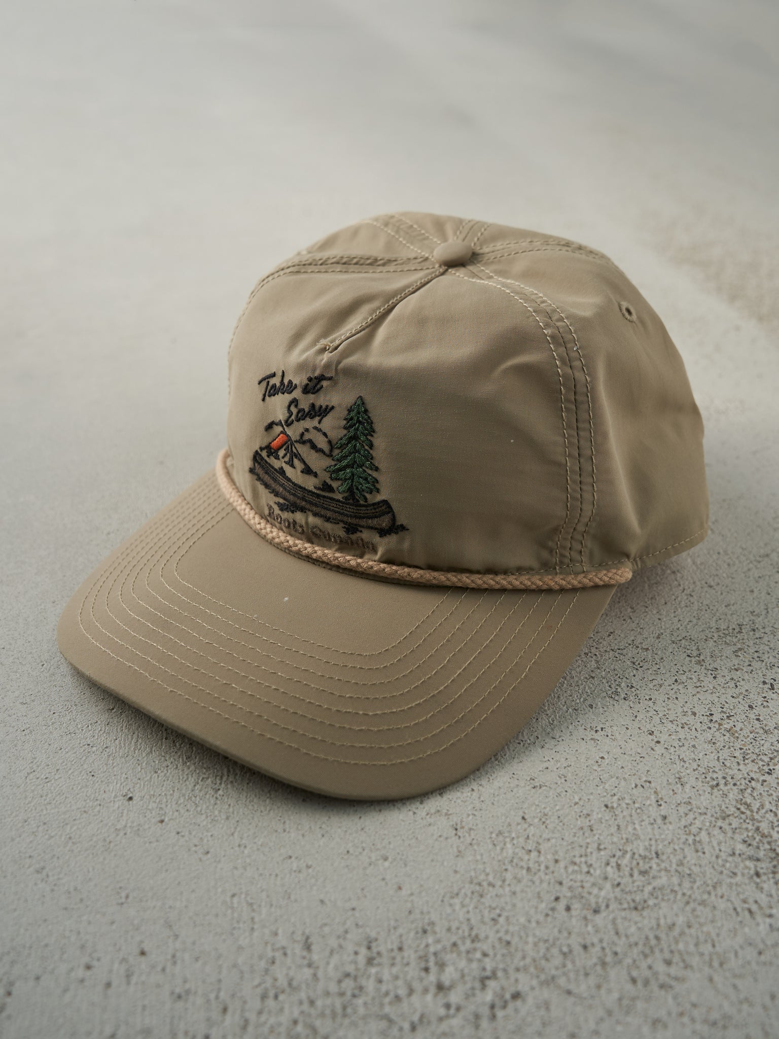 Vintage Y2K Beige Embroidered Roots Nylon Snapback Hat