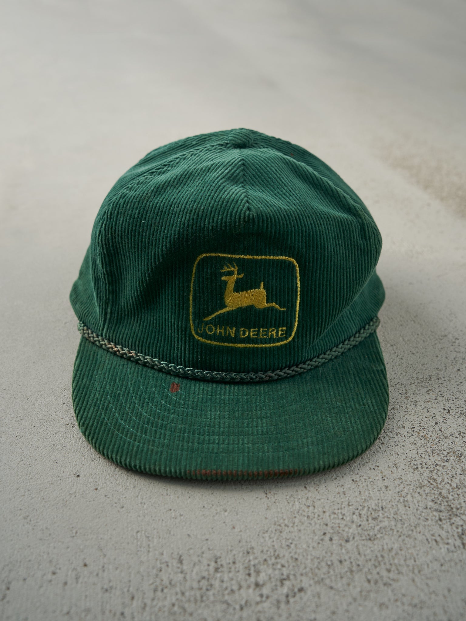 Vintage 80s Green Corduroy Embroidered John Deere Zip Back Hat