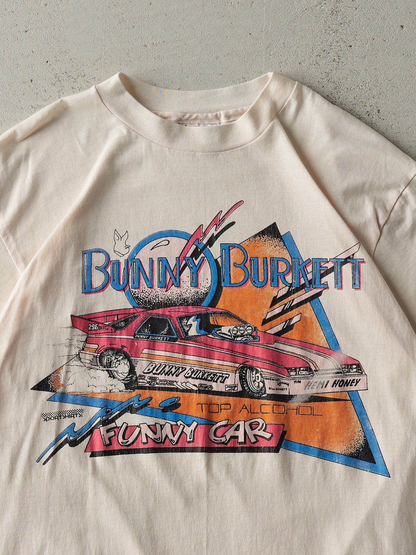 Vintage 80s Pale Pink Bunny Burkett Funny Car Single Stitch Tee (S)