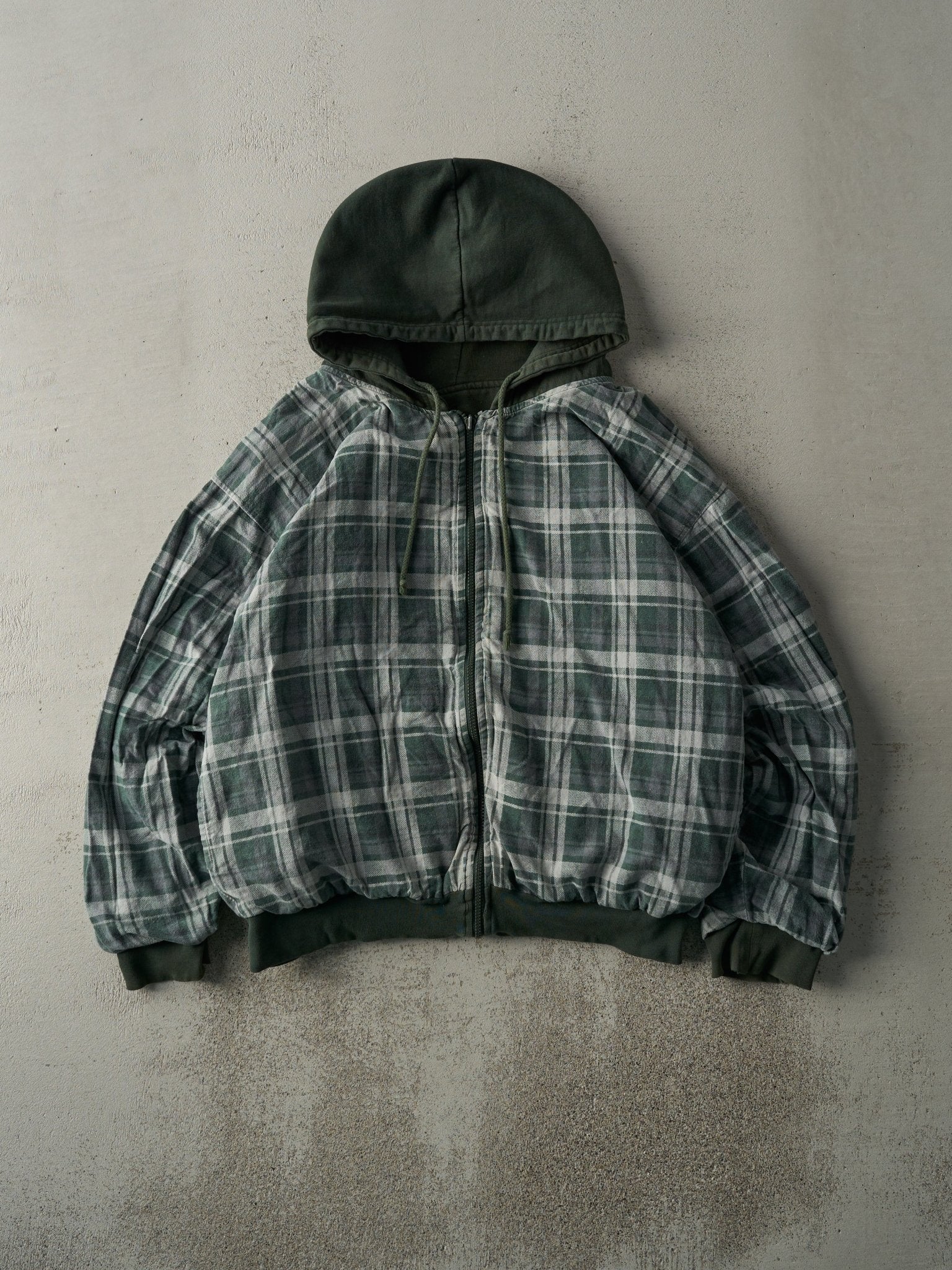 Vintage 90s Forest Green Reversible Flannel Zip Up Hoodie (M)