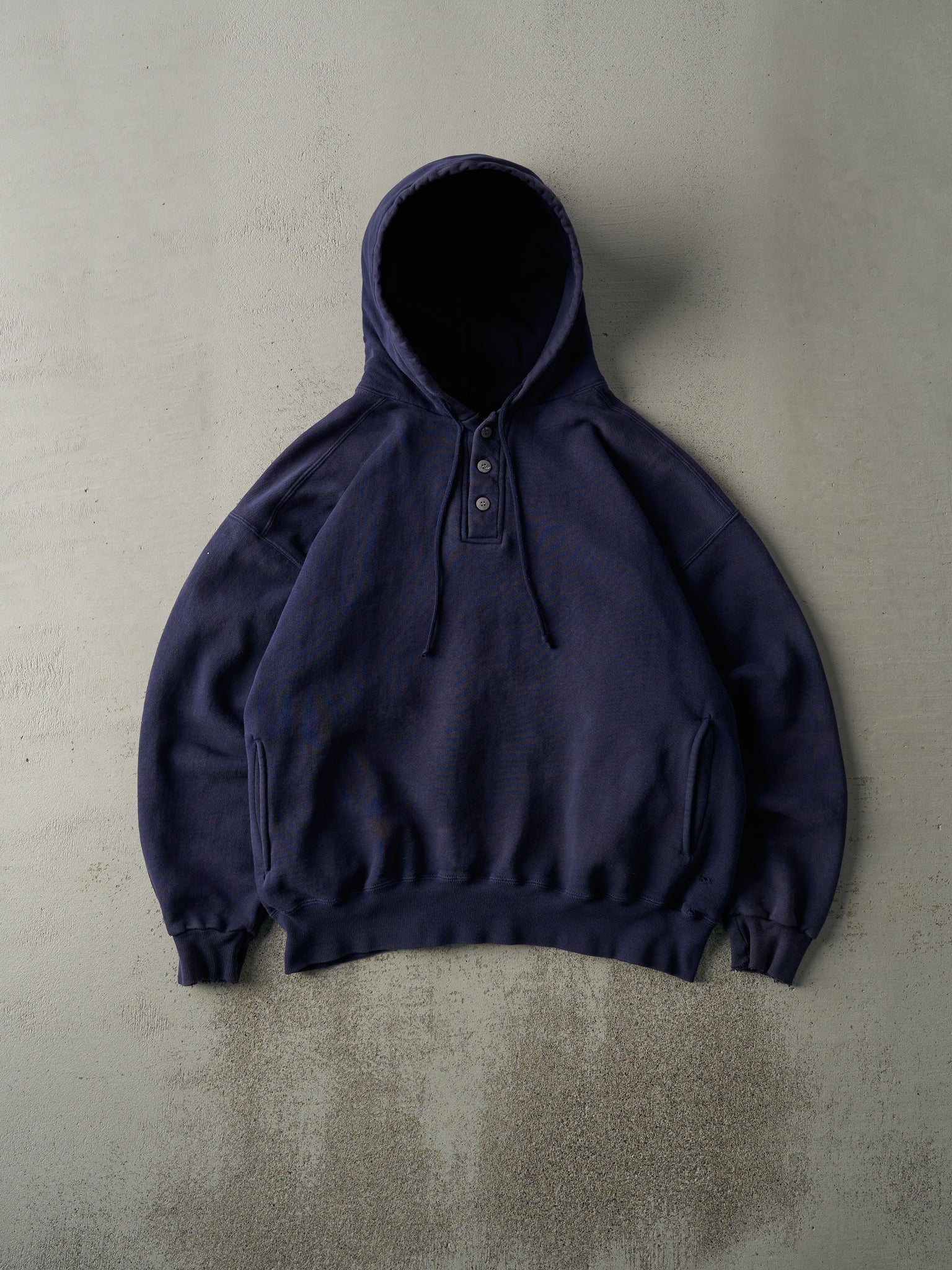 Vintage 90s Navy Blue Quarter Button Russell Athletic Boxy Hoodie (L)