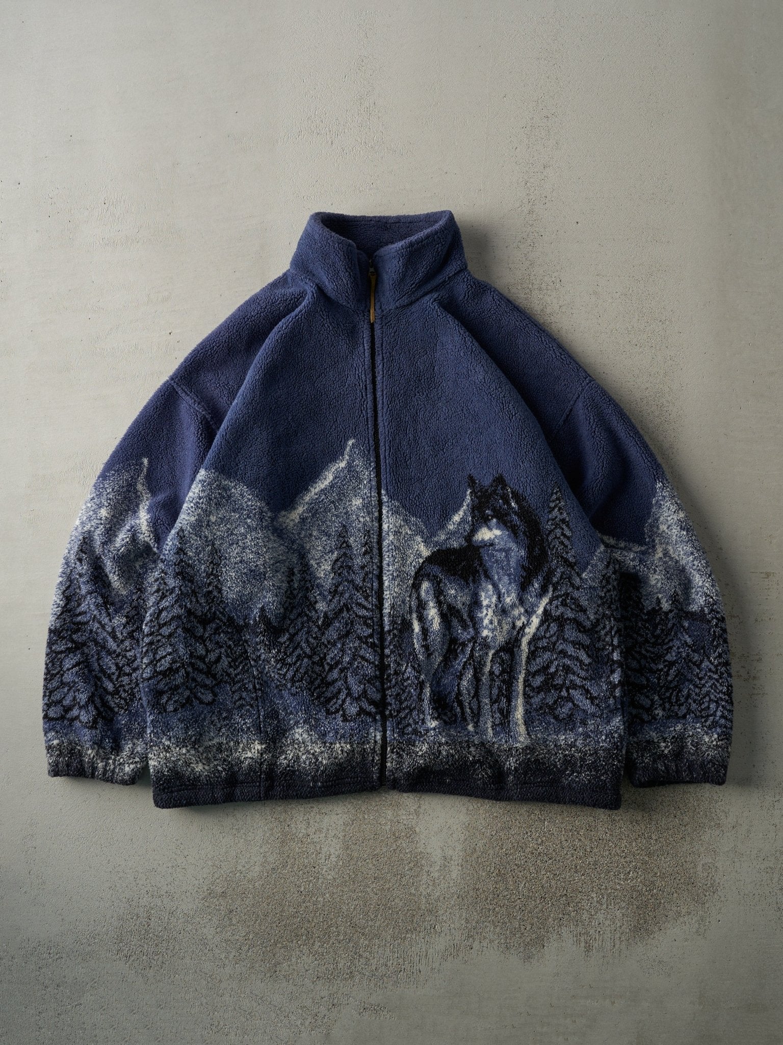 Vintage 90s Navy Blue Wolf Sherpa Fleece Jacket (XL)