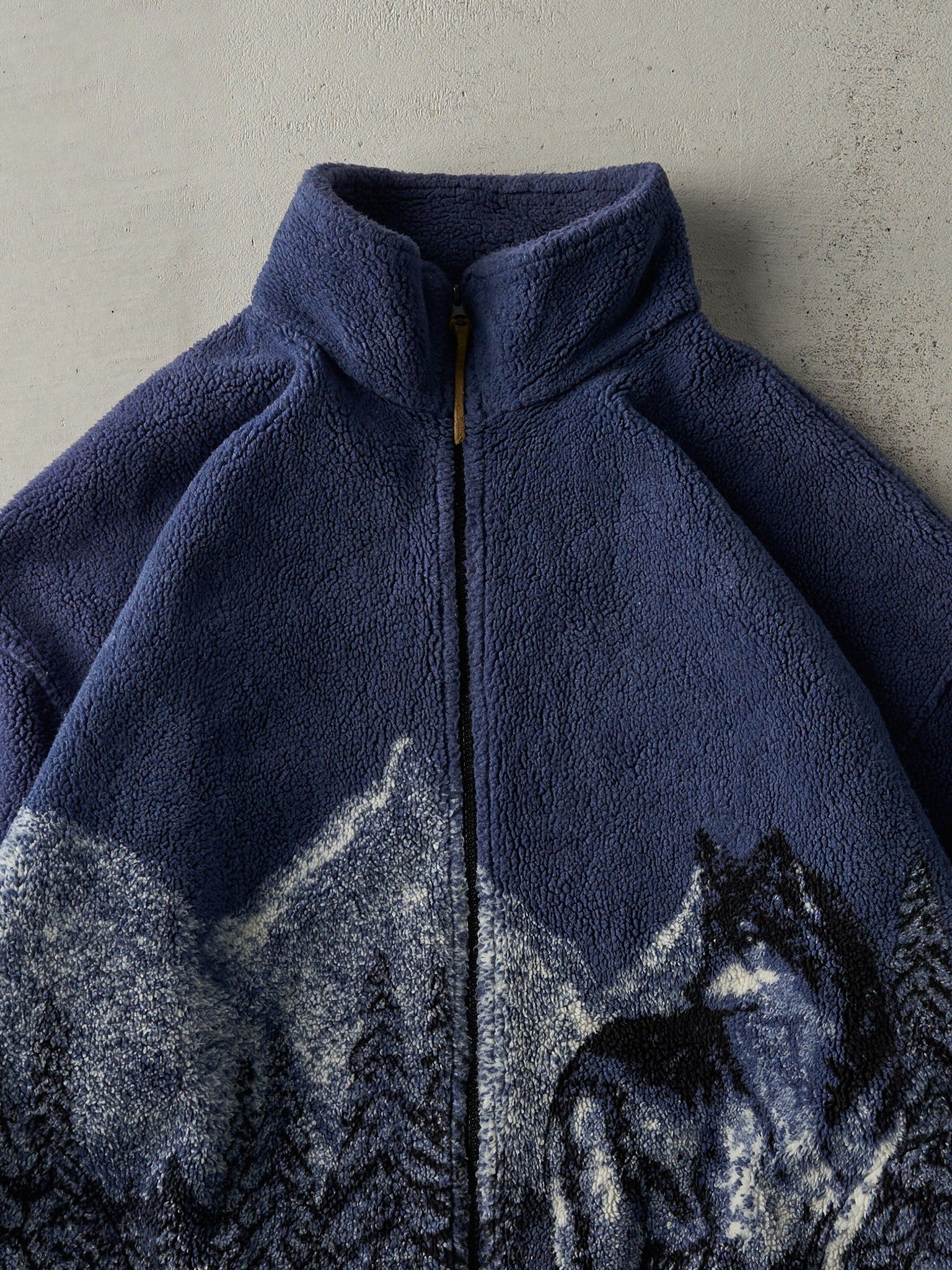 Vintage 90s Navy Blue Wolf Sherpa Fleece Jacket (XL)