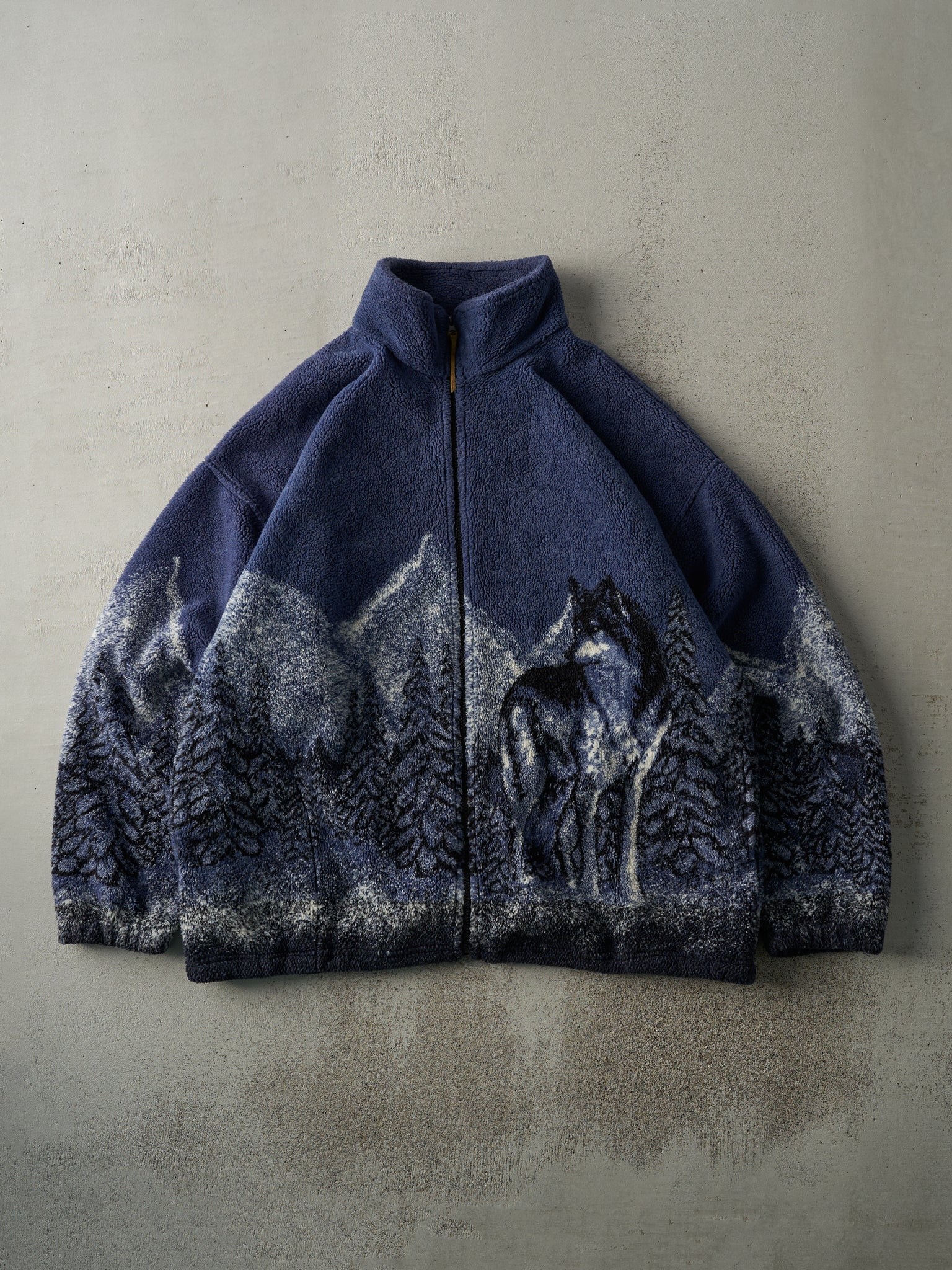 Vintage 90s Navy Blue Wolf Sherpa Fleece Jacket (XL)