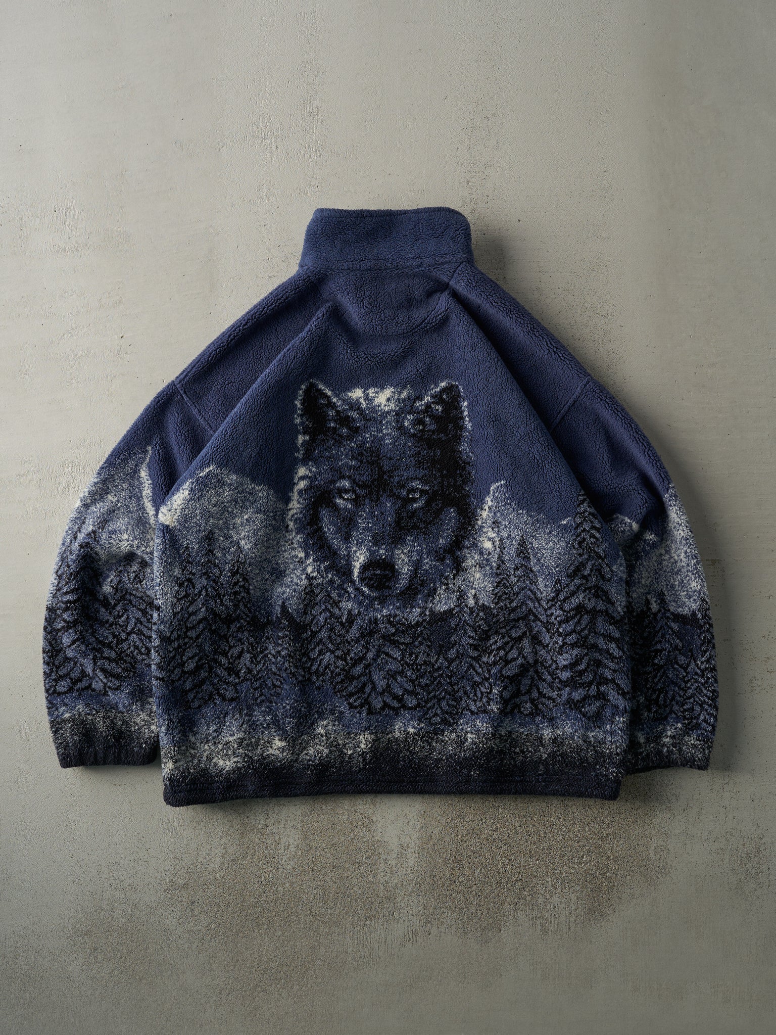 Vintage 90s Navy Blue Wolf Sherpa Fleece Jacket (XL)