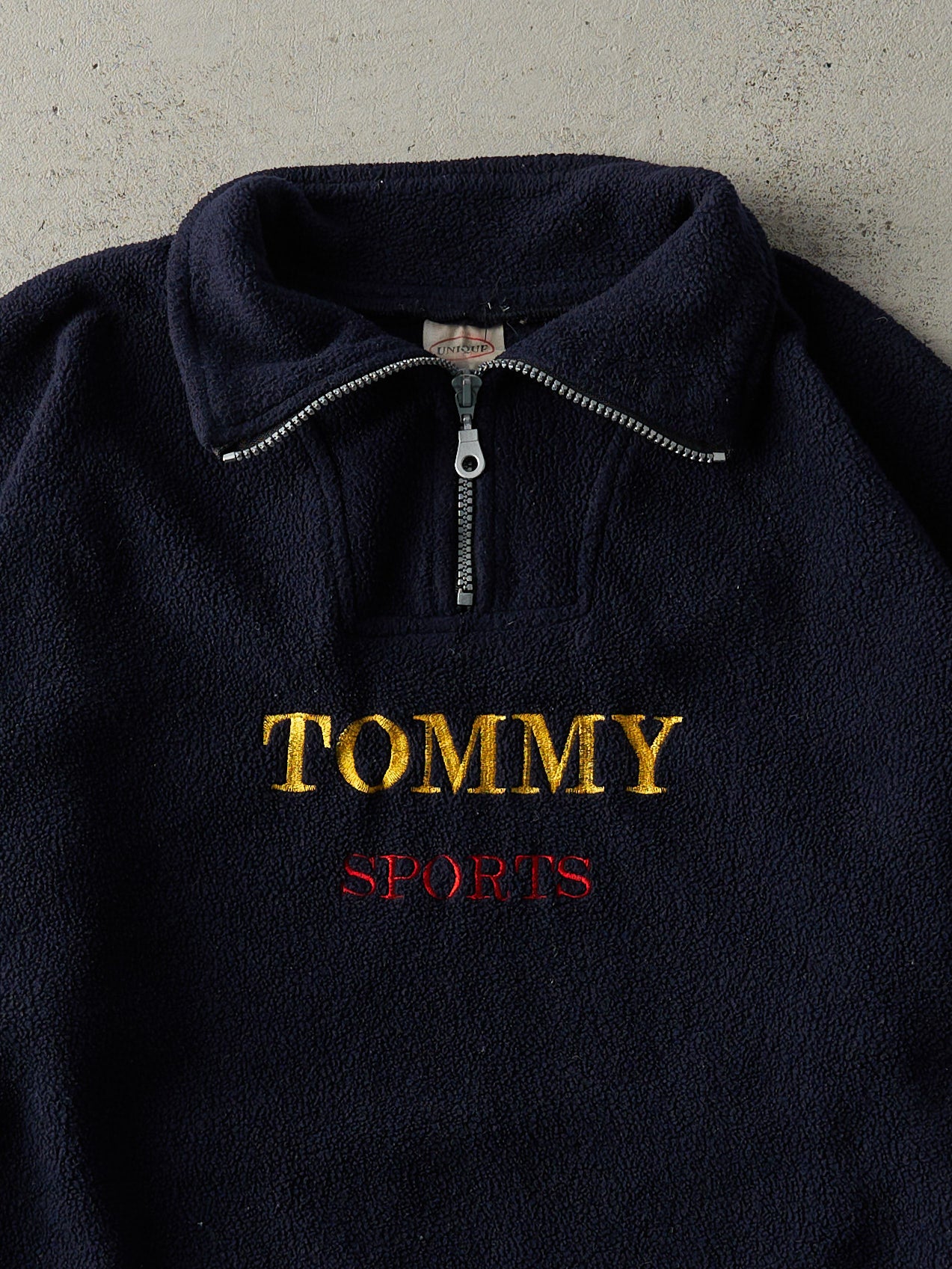 Vintage 90s Navy Blue Embroidered Tommy Sports Bootleg Fleece Quarter Zip Sweater (XL)