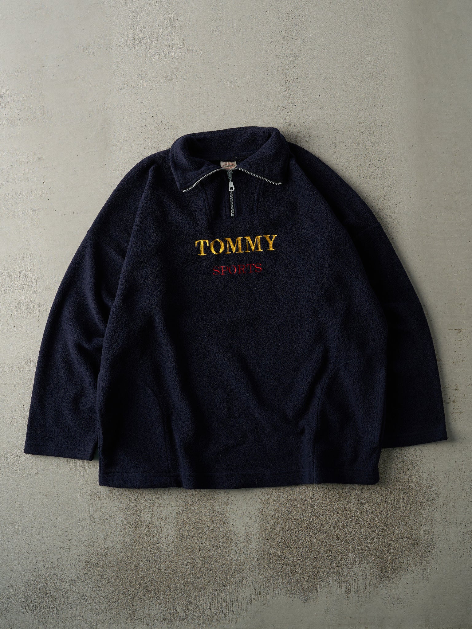 Vintage 90s Navy Blue Embroidered Tommy Sports Bootleg Fleece Quarter Zip Sweater (XL)