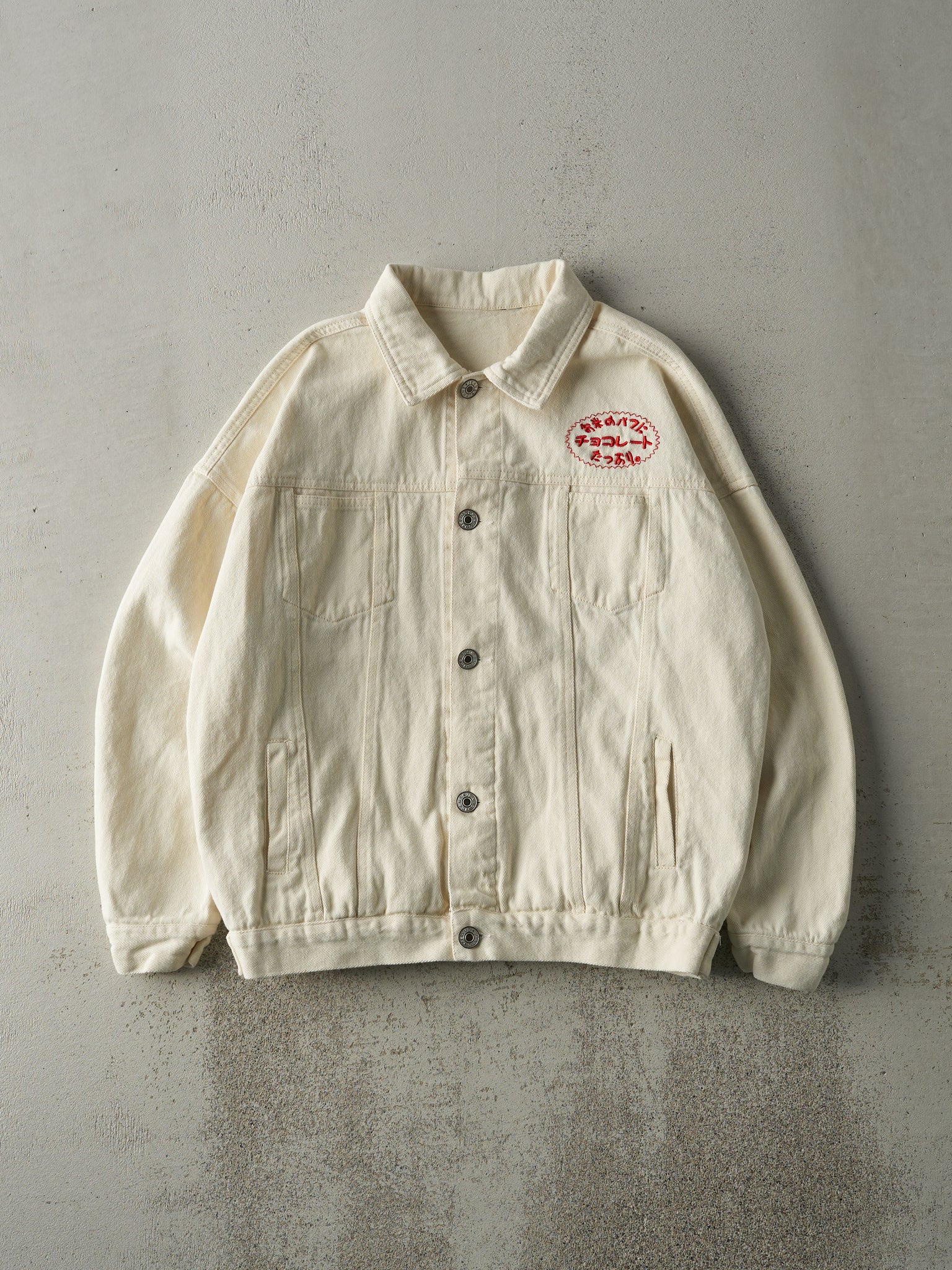 Vintage Y2K Beige Embroidered Car Denim Jacket (M)