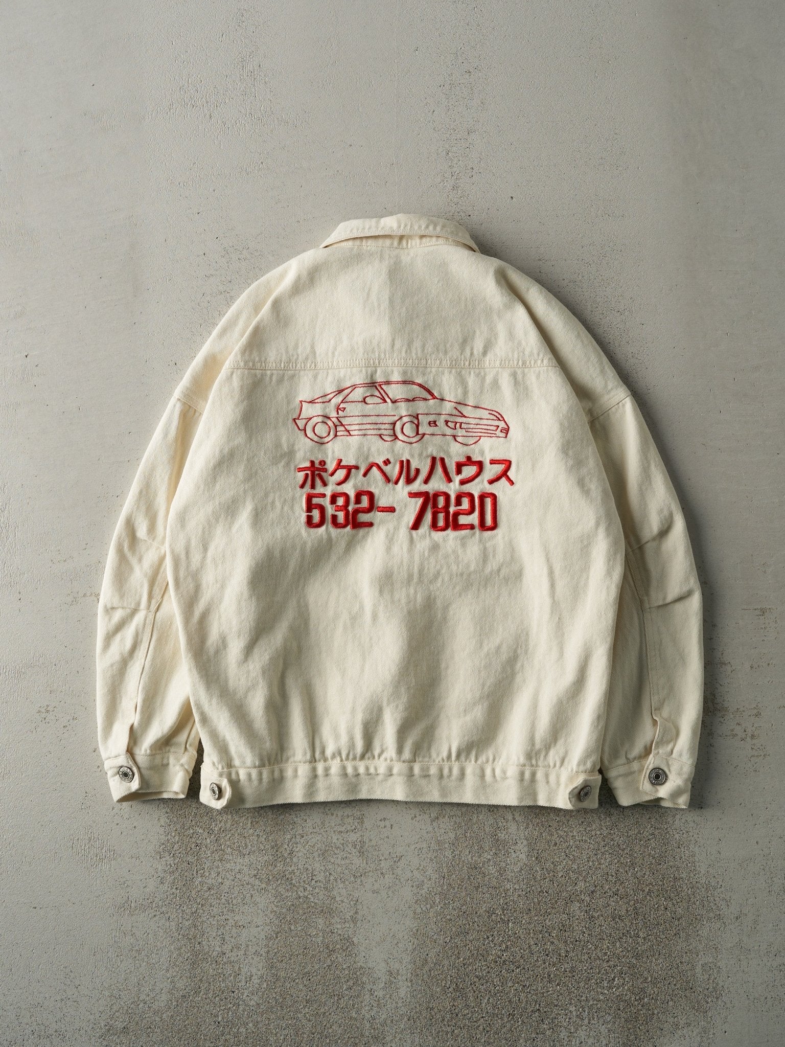 Vintage Y2K Beige Embroidered Car Denim Jacket (M)