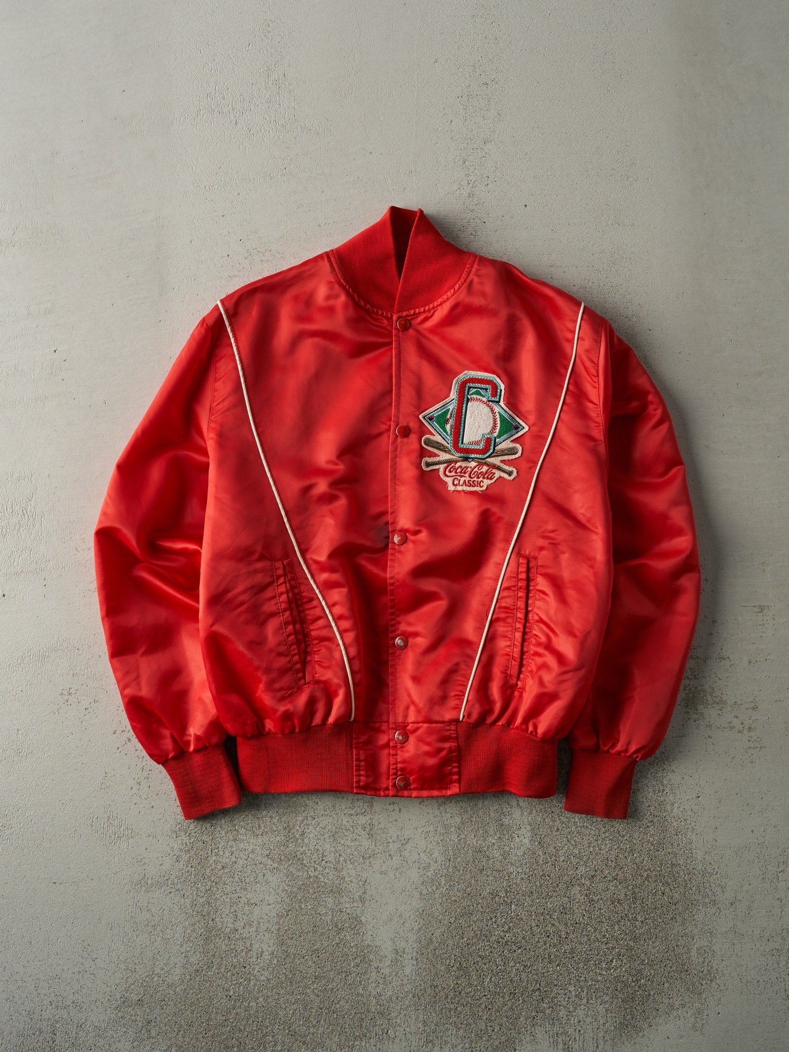 Vintage 80s Red Coca Cola Classic Baseball Satin Bomber Jacket (M)