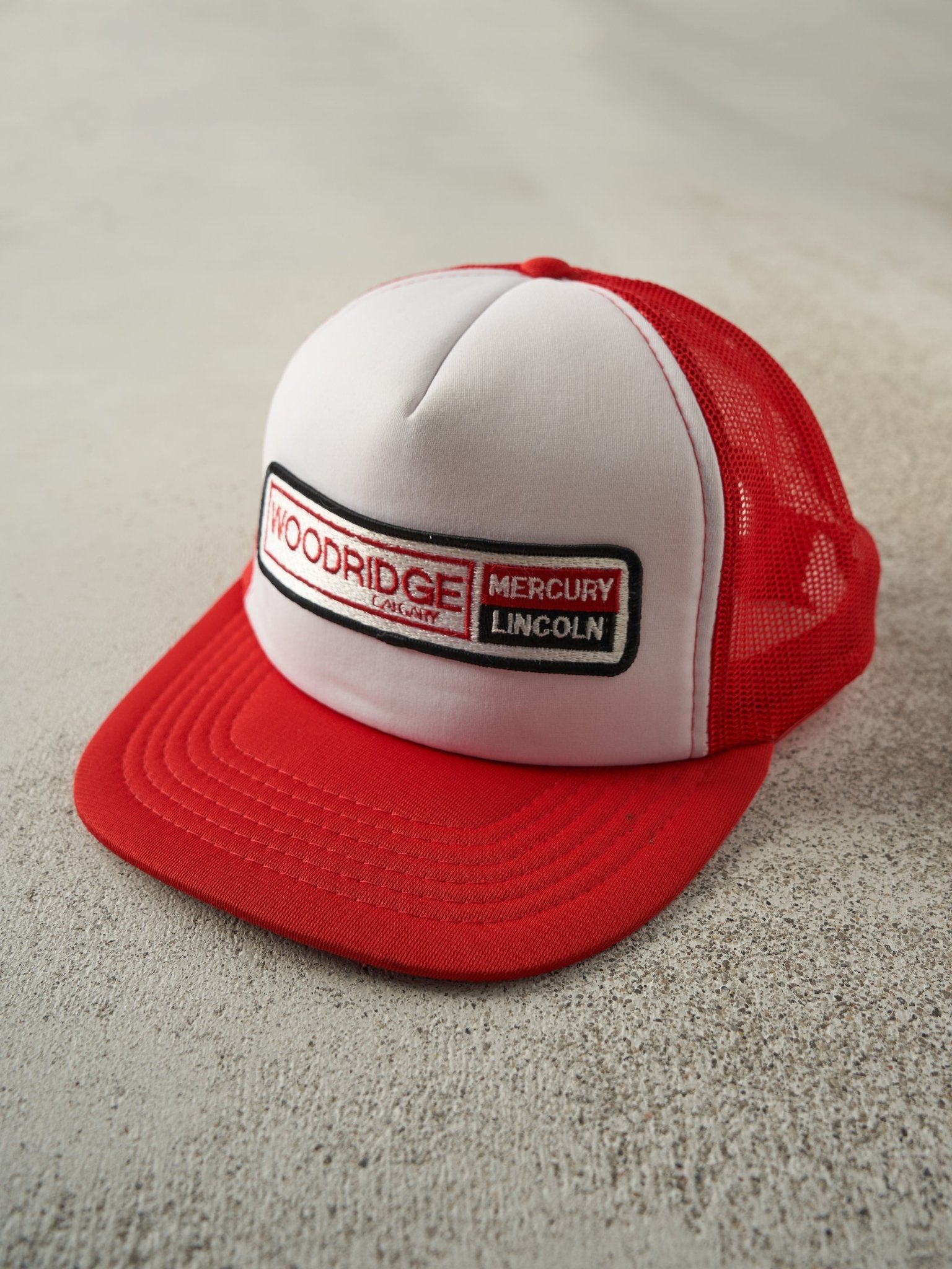 Vintage 80s Red & White Woodridge Mercury Lincoln Foam Trucker