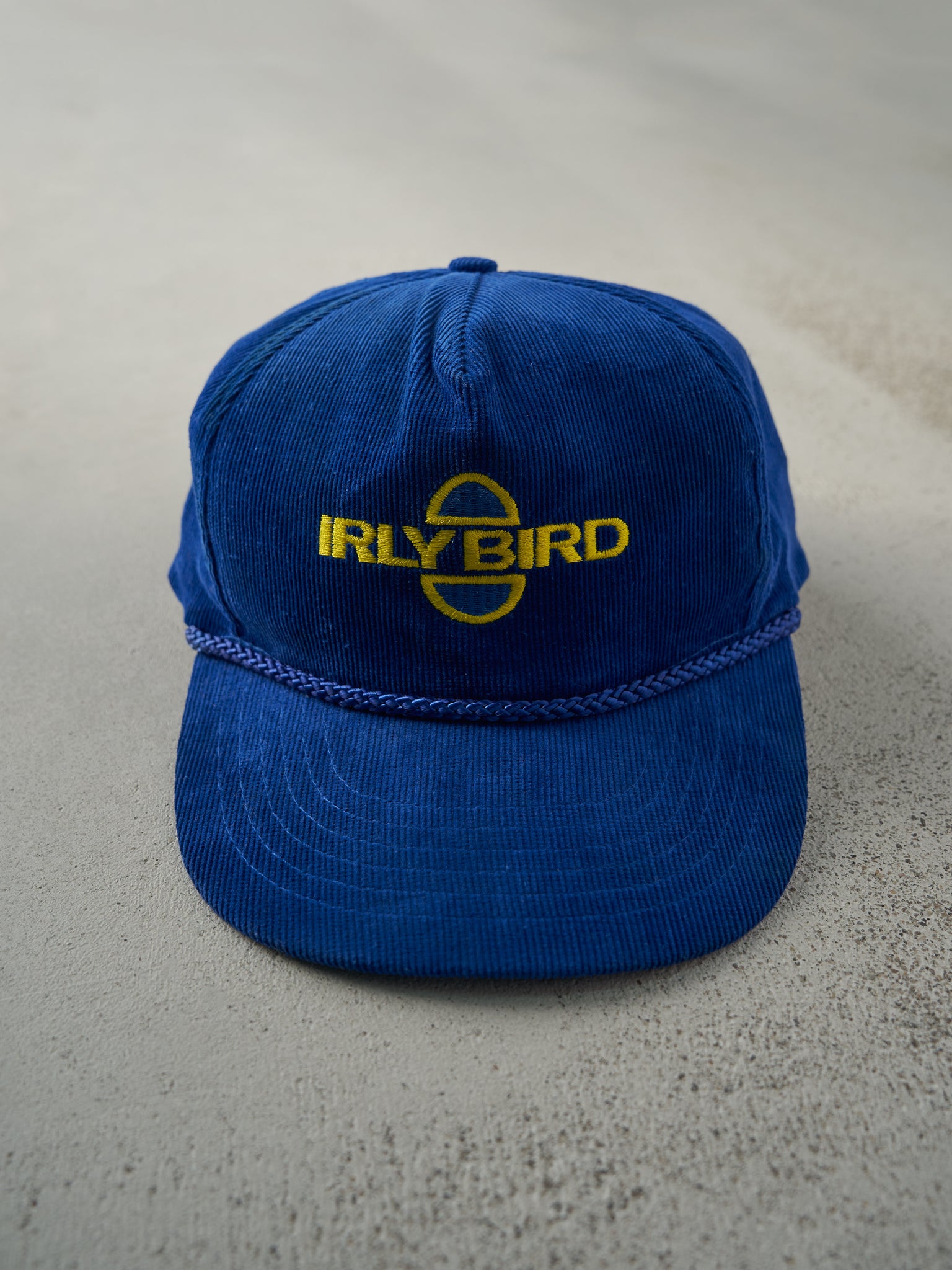 Vintage 90s Blue Embroidered Irly Bird Corduroy Snapback Hat