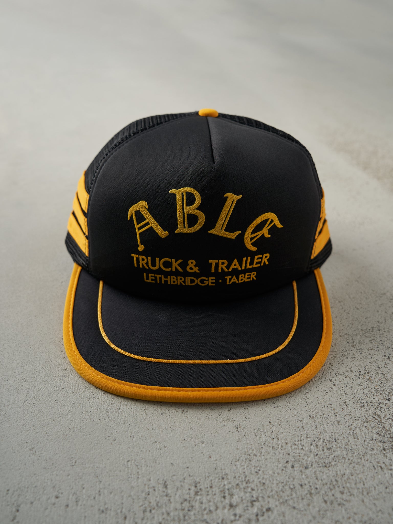Vintage 80s Black & Yellow ABLE Truck & Trailer Foam Trucker Hat