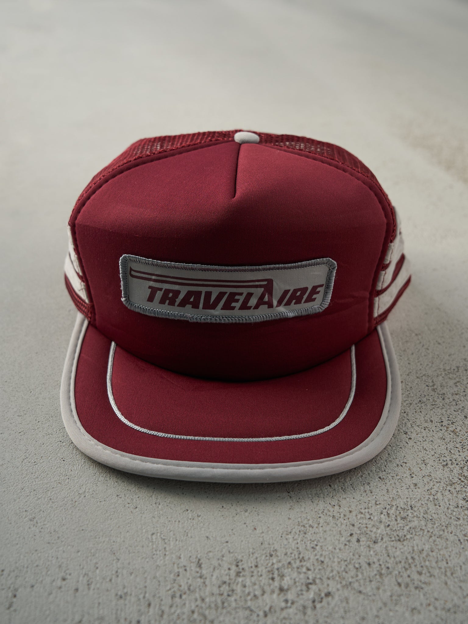 Vintage 80s Burgundy & Silver Travelaire Foam Trucker Hat