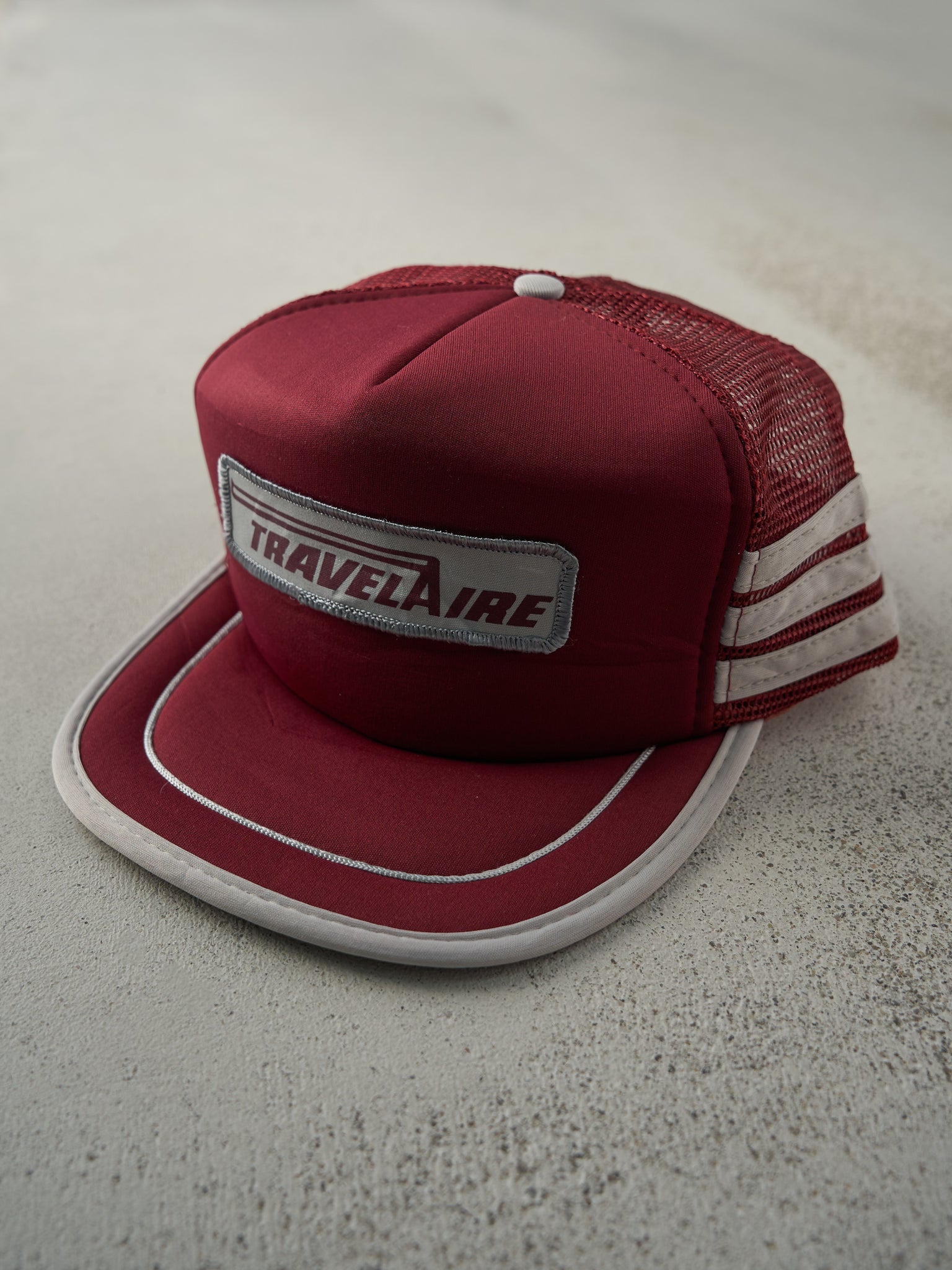 Vintage 80s Burgundy & Silver Travelaire Foam Trucker Hat