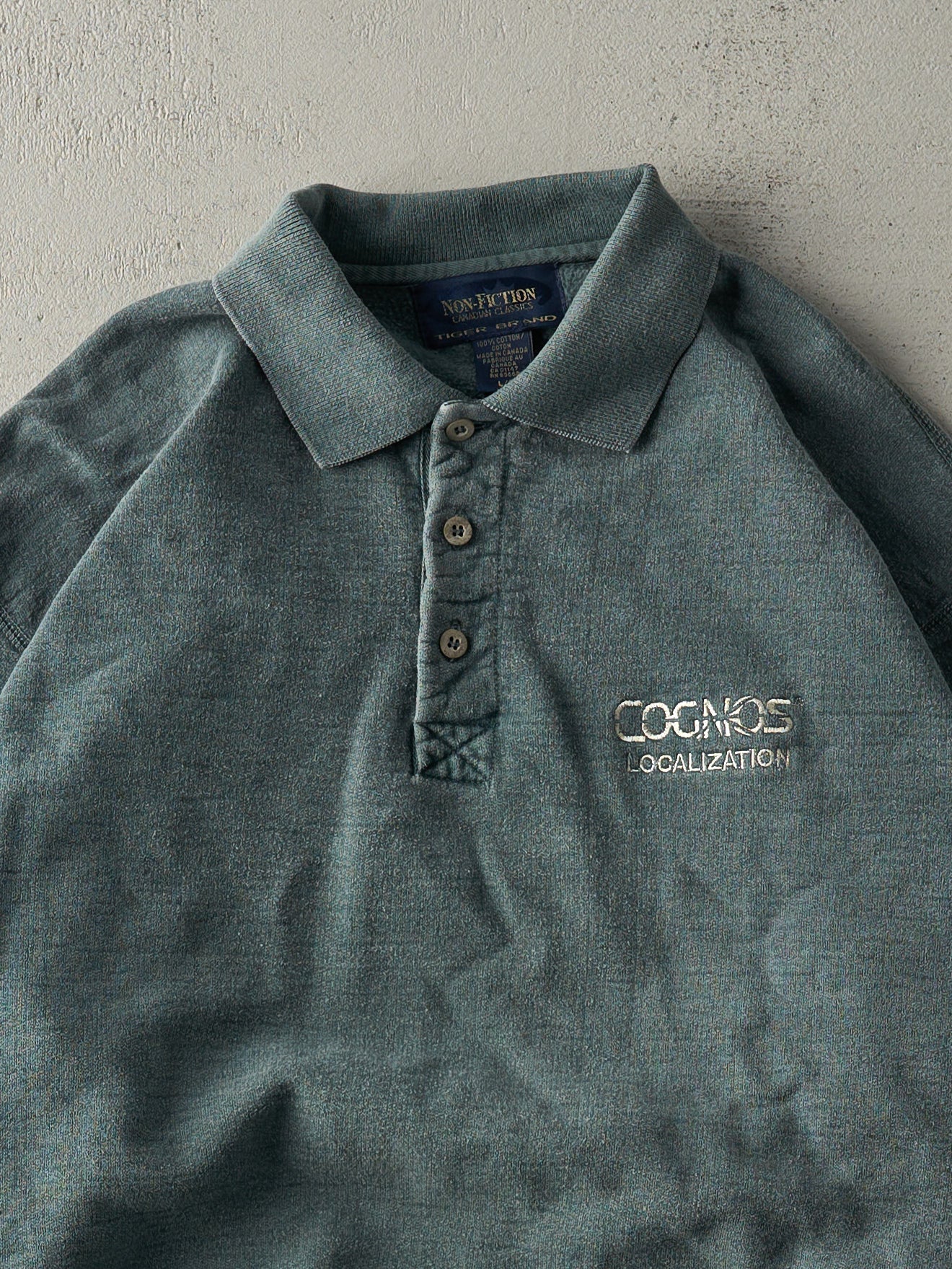 Vintage 90s Washed Green Embroidered Logo Quarter Button Crewneck (L)