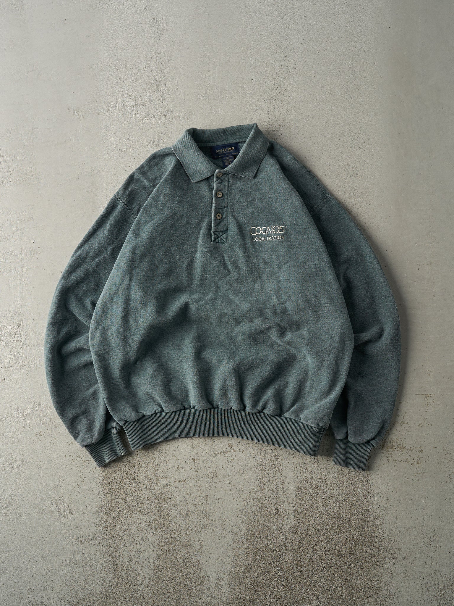 Vintage 90s Washed Green Embroidered Logo Quarter Button Crewneck (L)