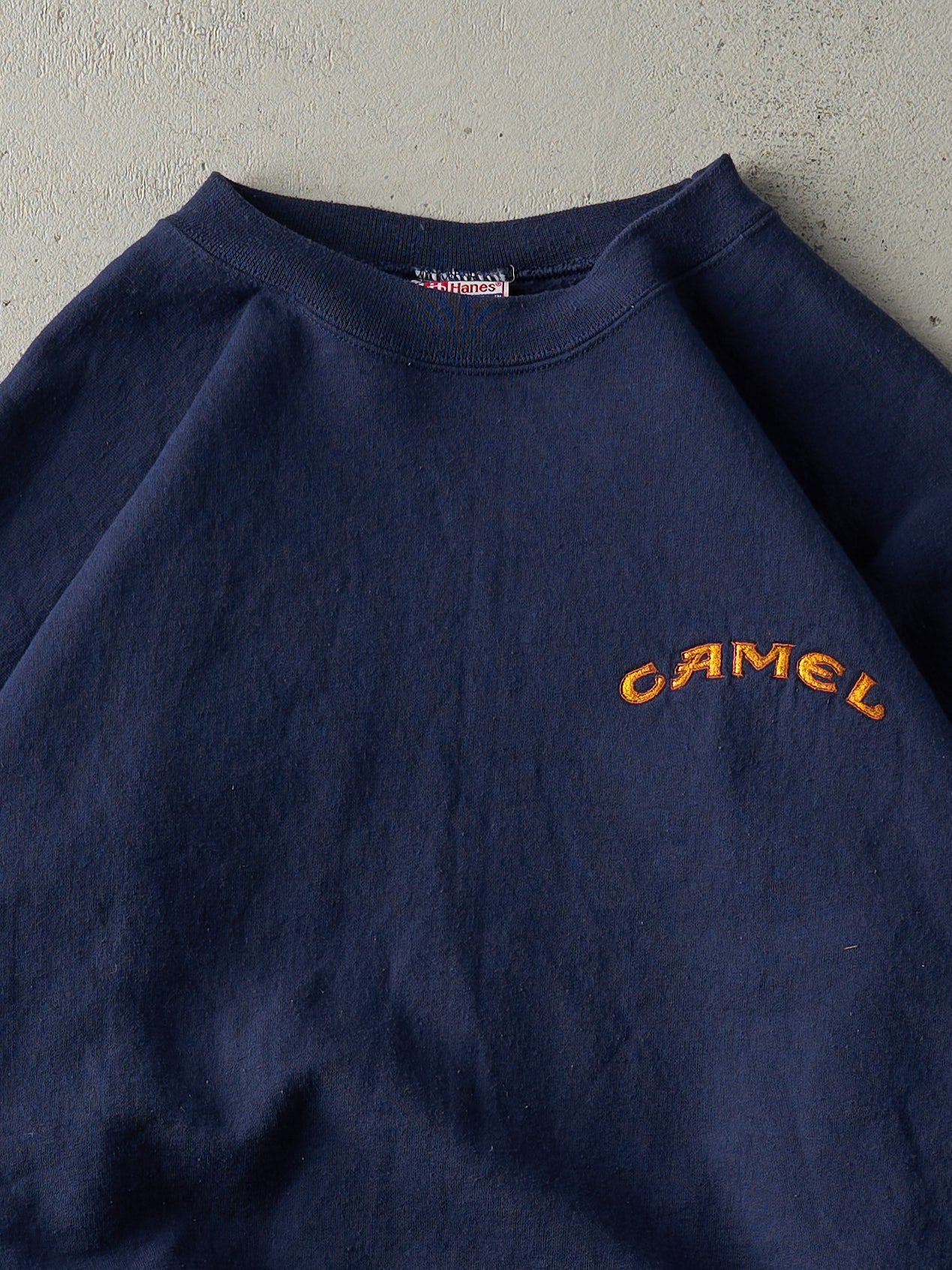 Vintage 90s Navy Blue Embroidered Camel Logo Crewneck (L)