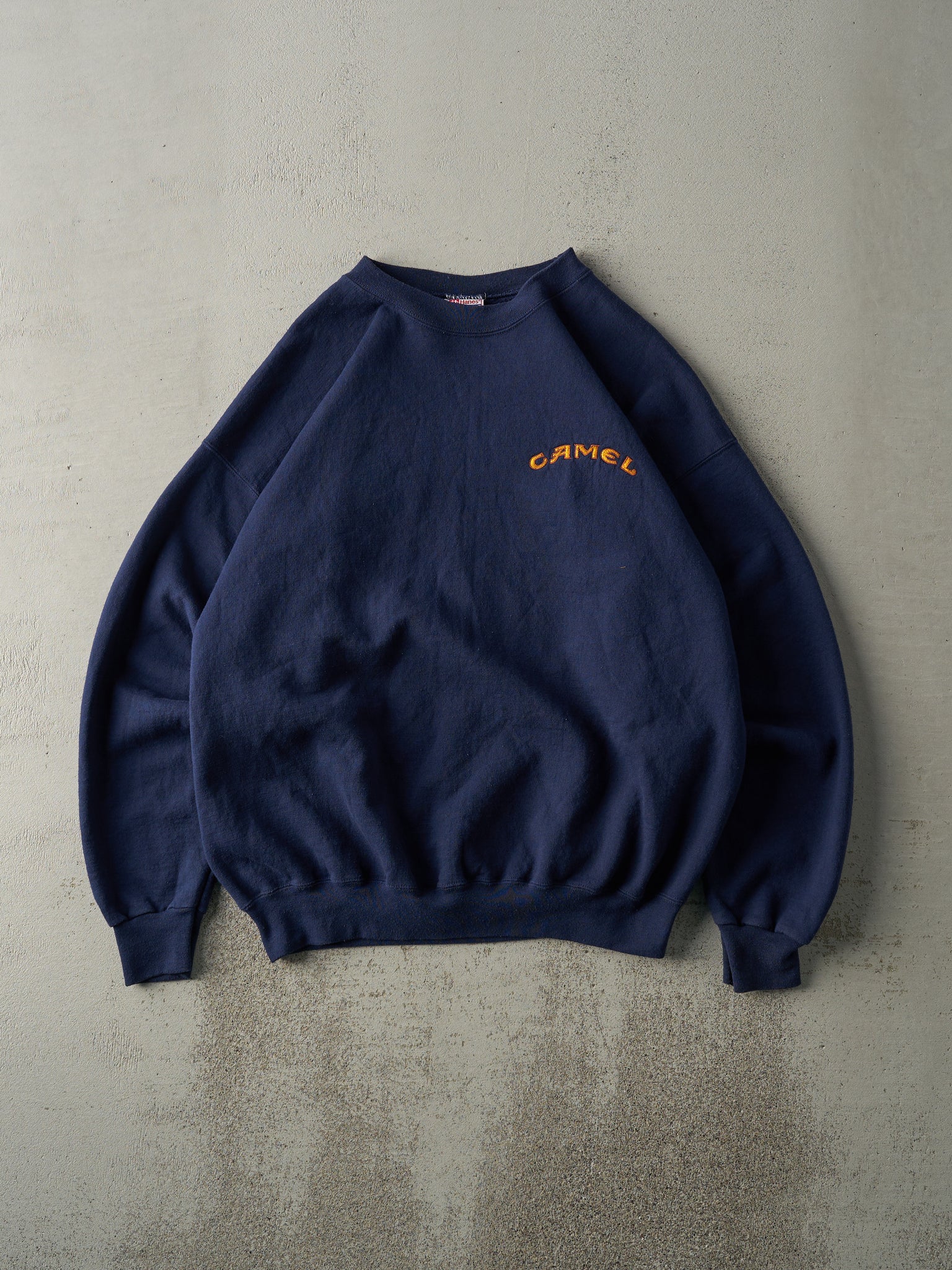 Vintage 90s Navy Blue Embroidered Camel Logo Crewneck (L)