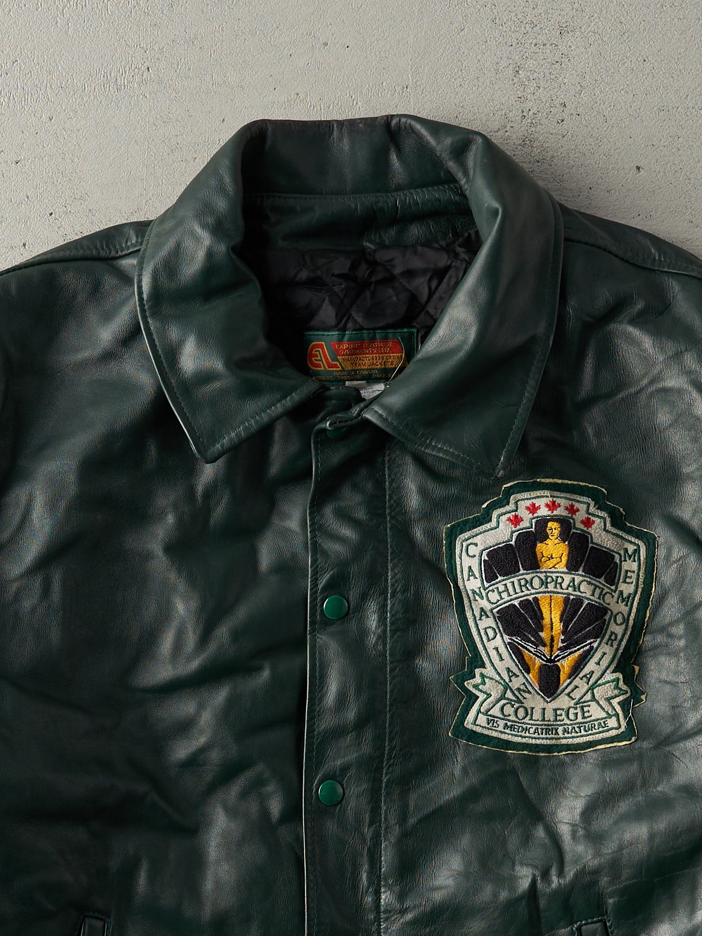 Vintage 00' Green Canadian Memorial Chiropractic College Leather Jacket (XL)