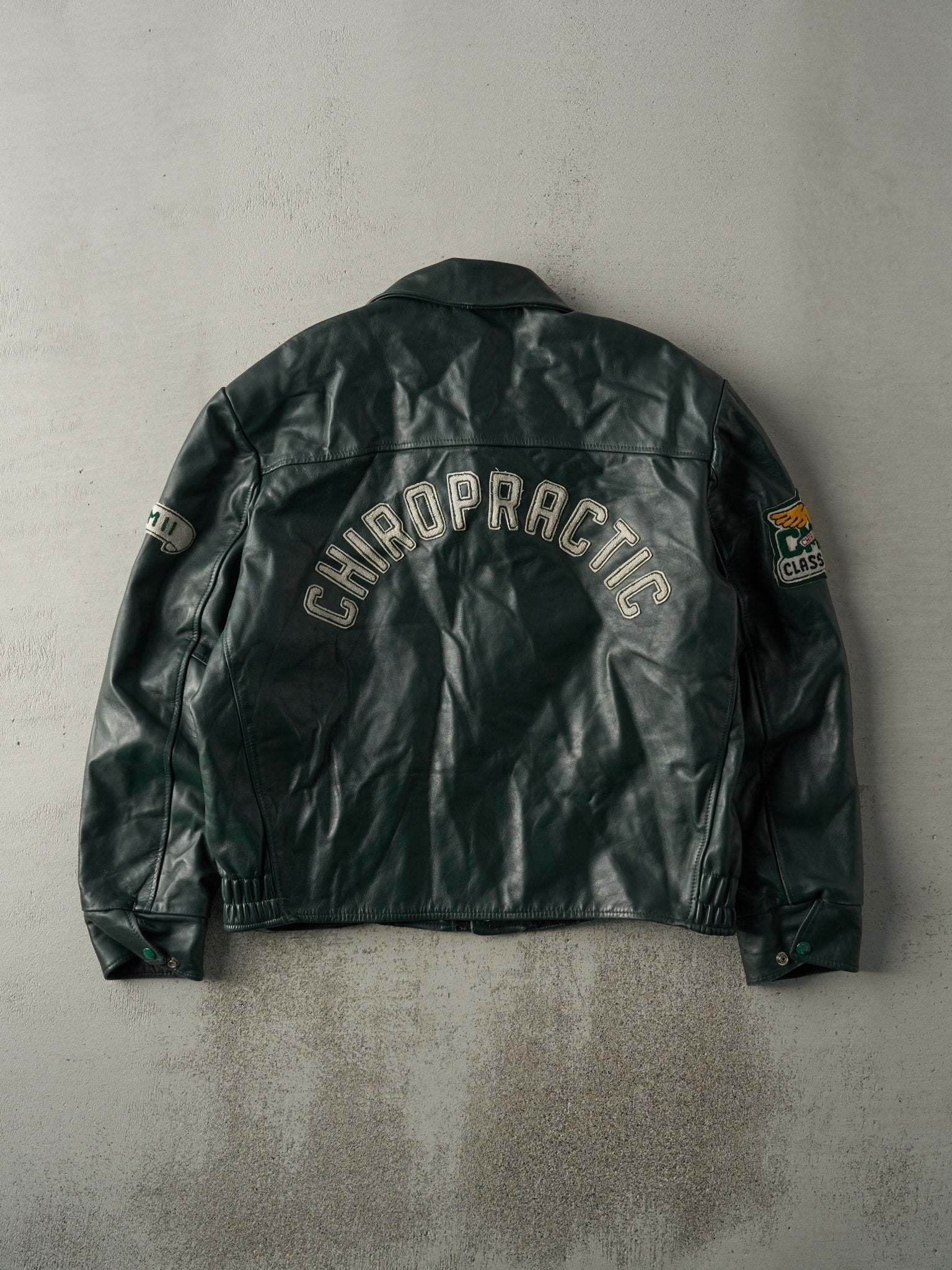 Vintage 00' Green Canadian Memorial Chiropractic College Leather Jacket (XL)