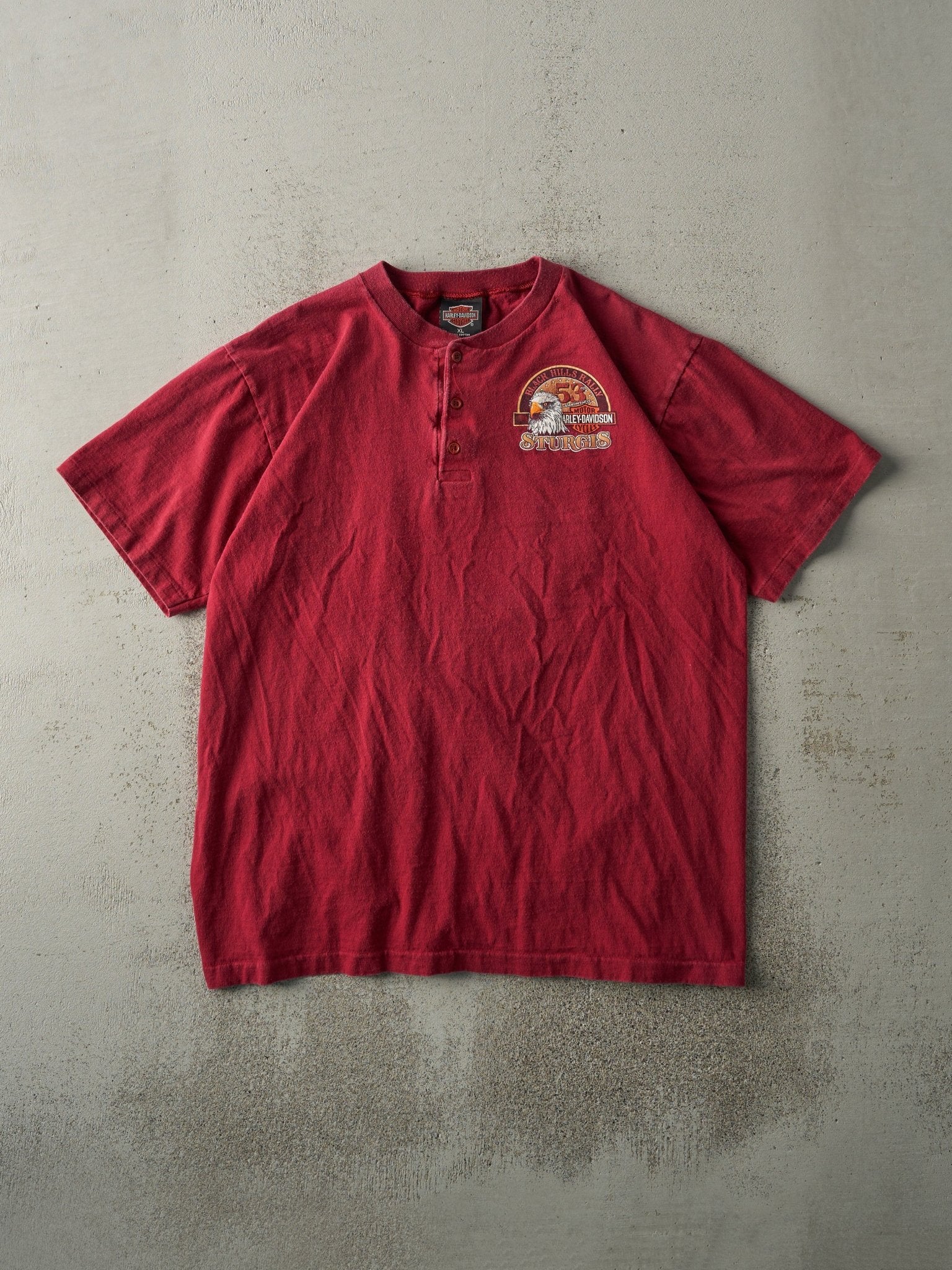 Vintage 90' Red Sturgis Rally Harley Davidson Quarter Button Single Stitch Tee (M)