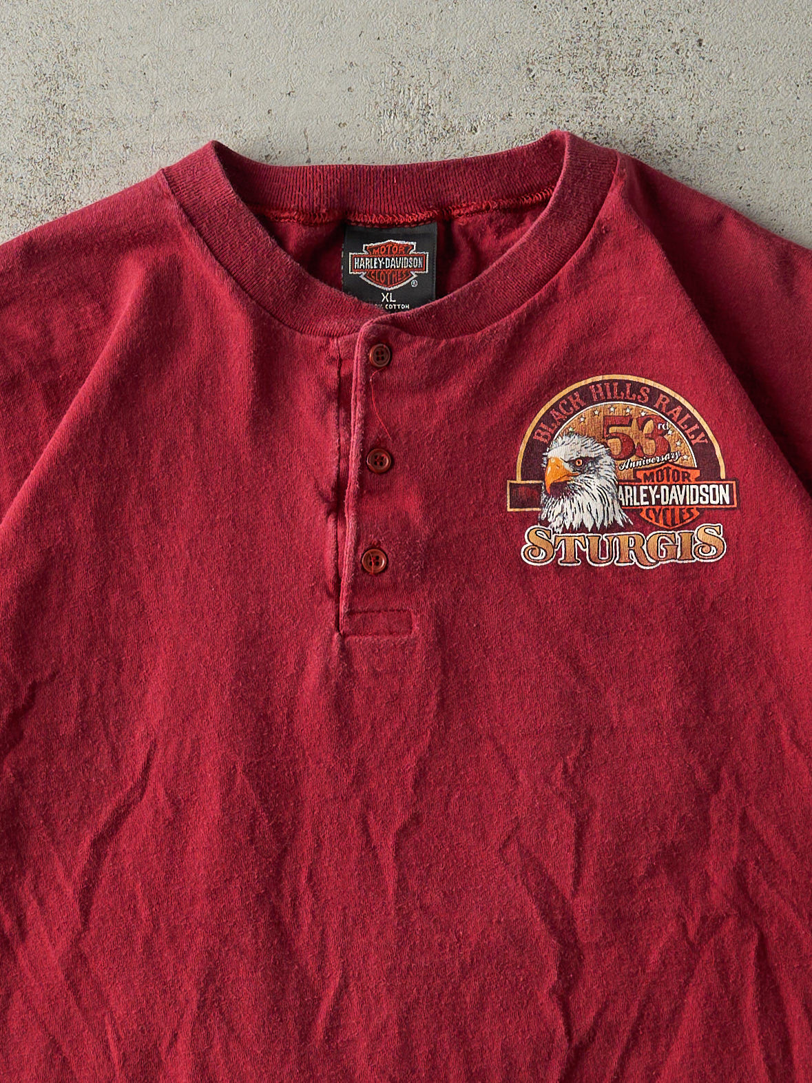 Vintage 90' Red Sturgis Rally Harley Davidson Quarter Button Single Stitch Tee (M)