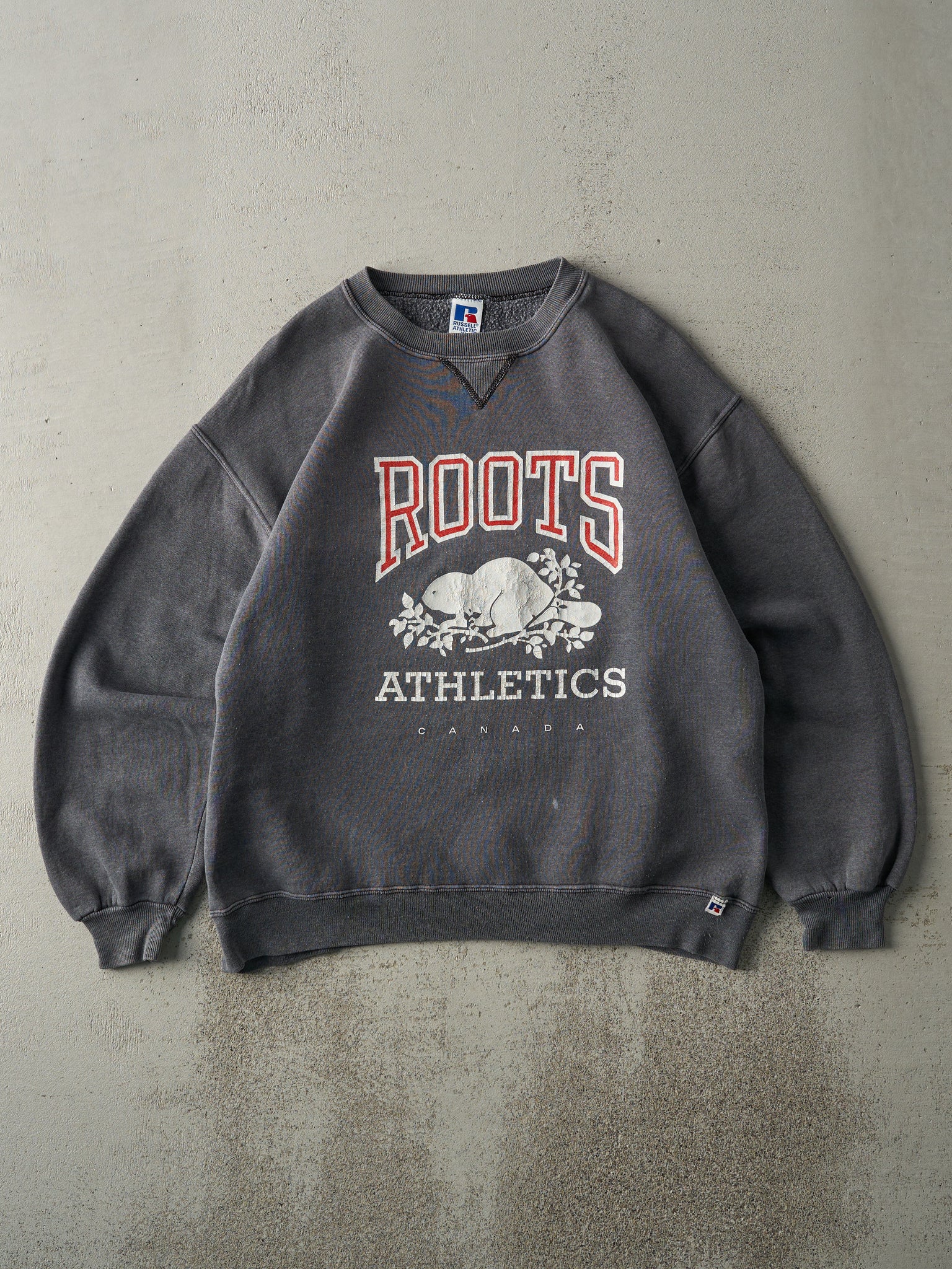 Vintage 90s Charcoal Grey Roots Russell Athletics Crewneck (L)