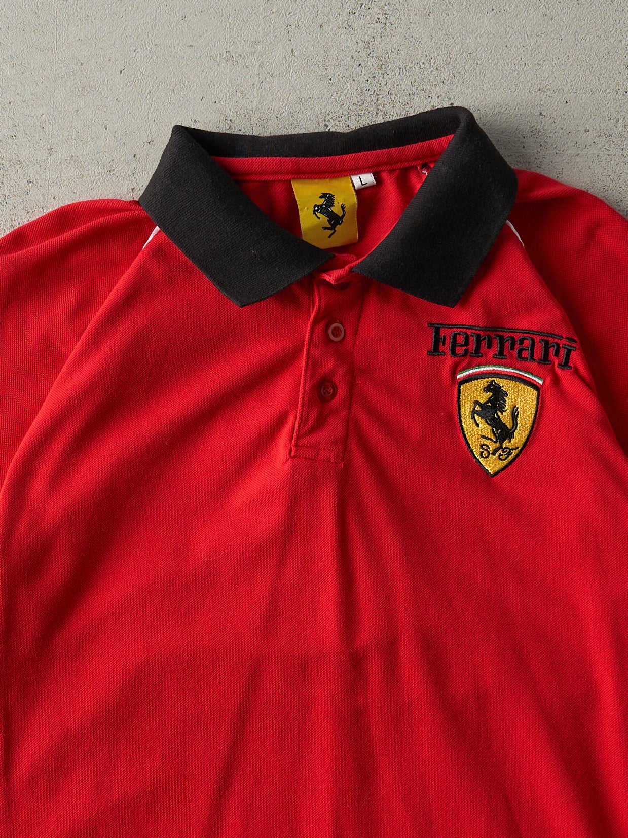 Vintage 90s Red Embroidered Ferrari Collared Racing Tee (S)