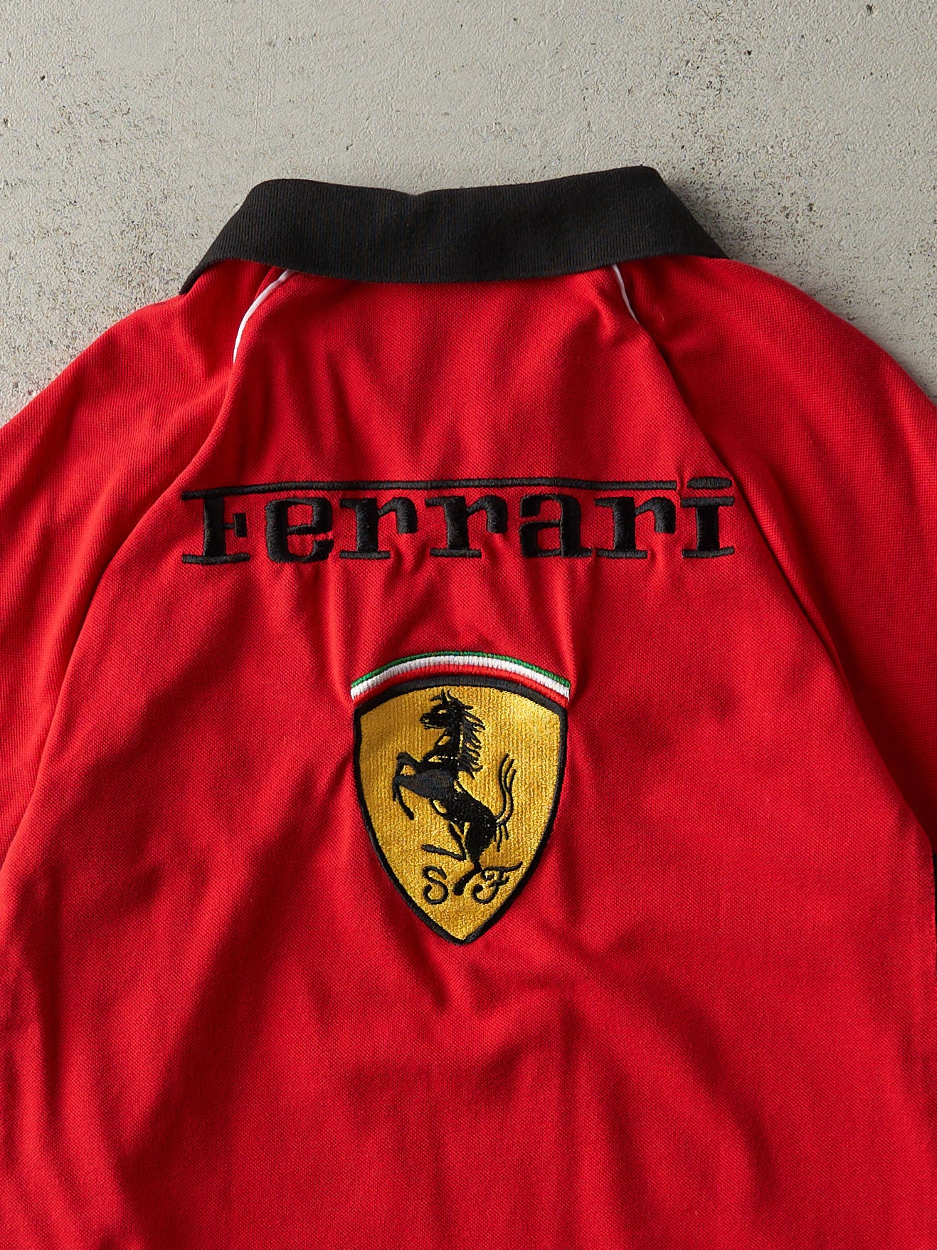 Vintage 90s Red Embroidered Ferrari Collared Racing Tee (S)