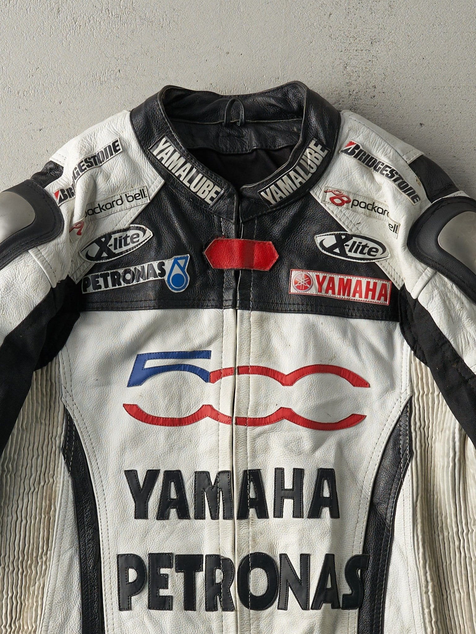 Vintage 90s White & Black Yamaha Leather Racing Biker Jacket (M)