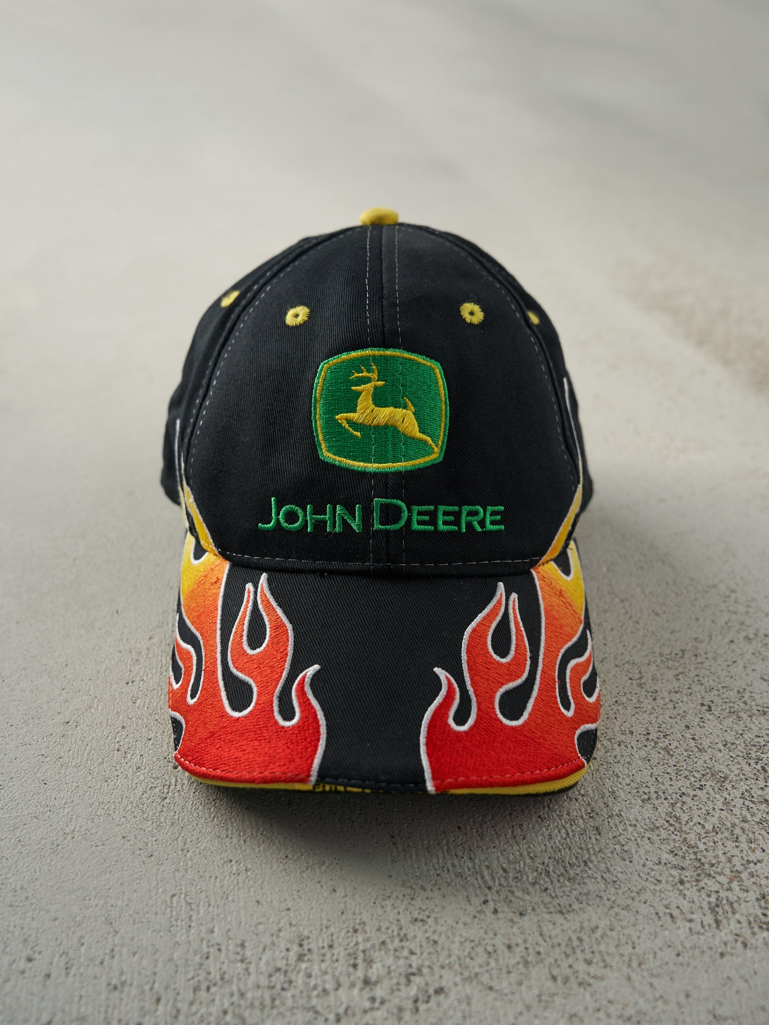 Vintage Y2K Black Embroidered John Deere Flames Velcro Back Hat