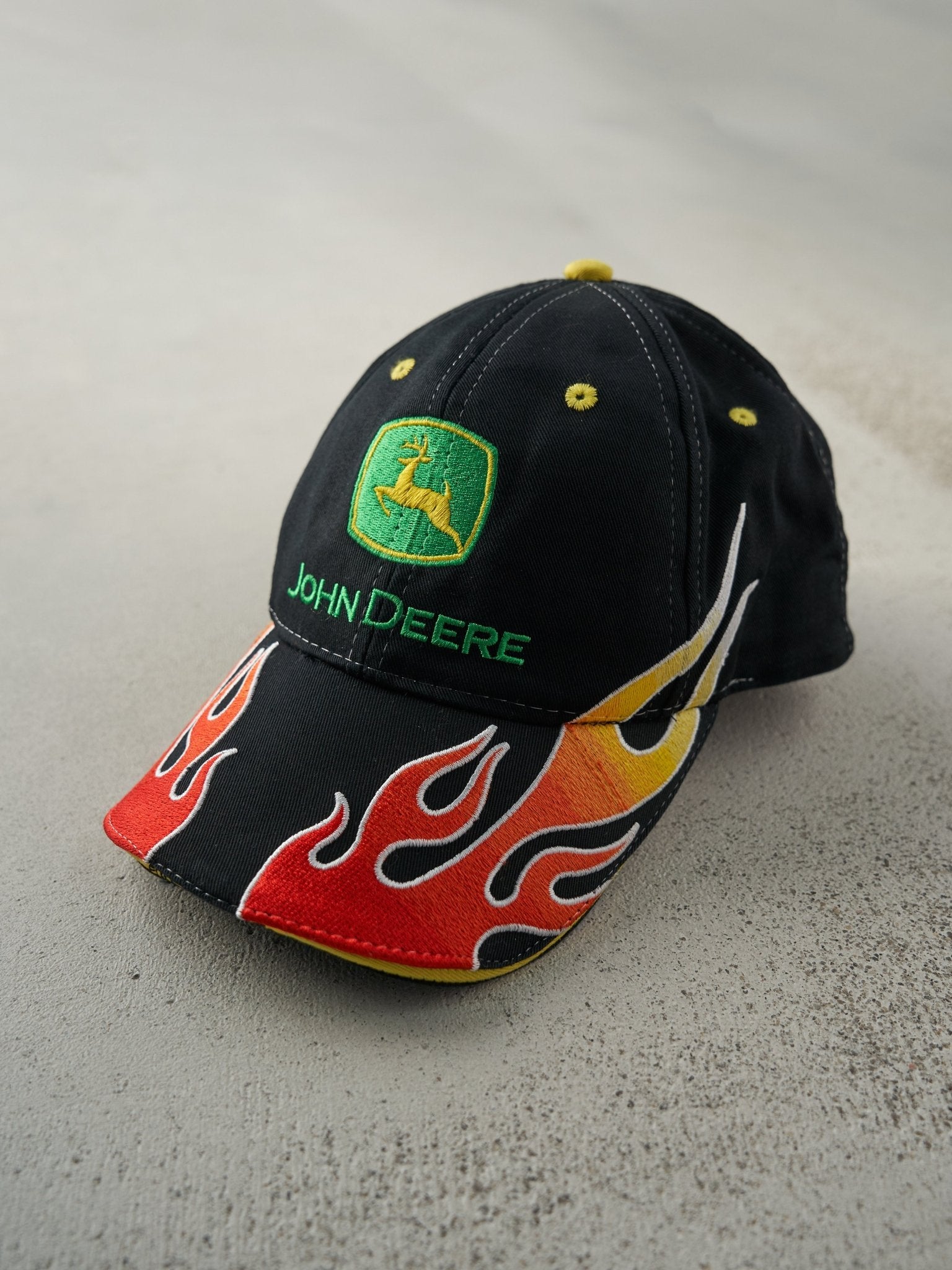 Vintage Y2K Black Embroidered John Deere Flames Velcro Hat