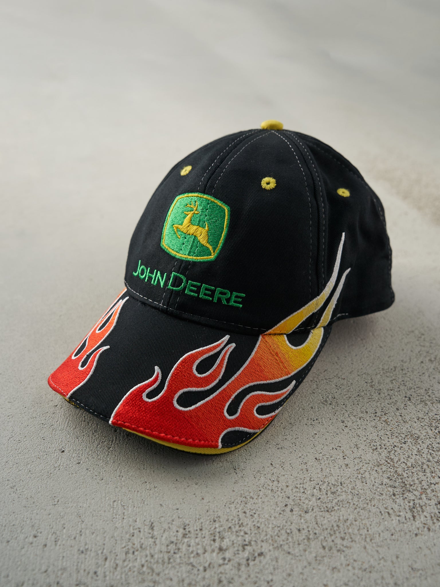 Vintage Y2K Black Embroidered John Deere Flames Velcro Back Hat