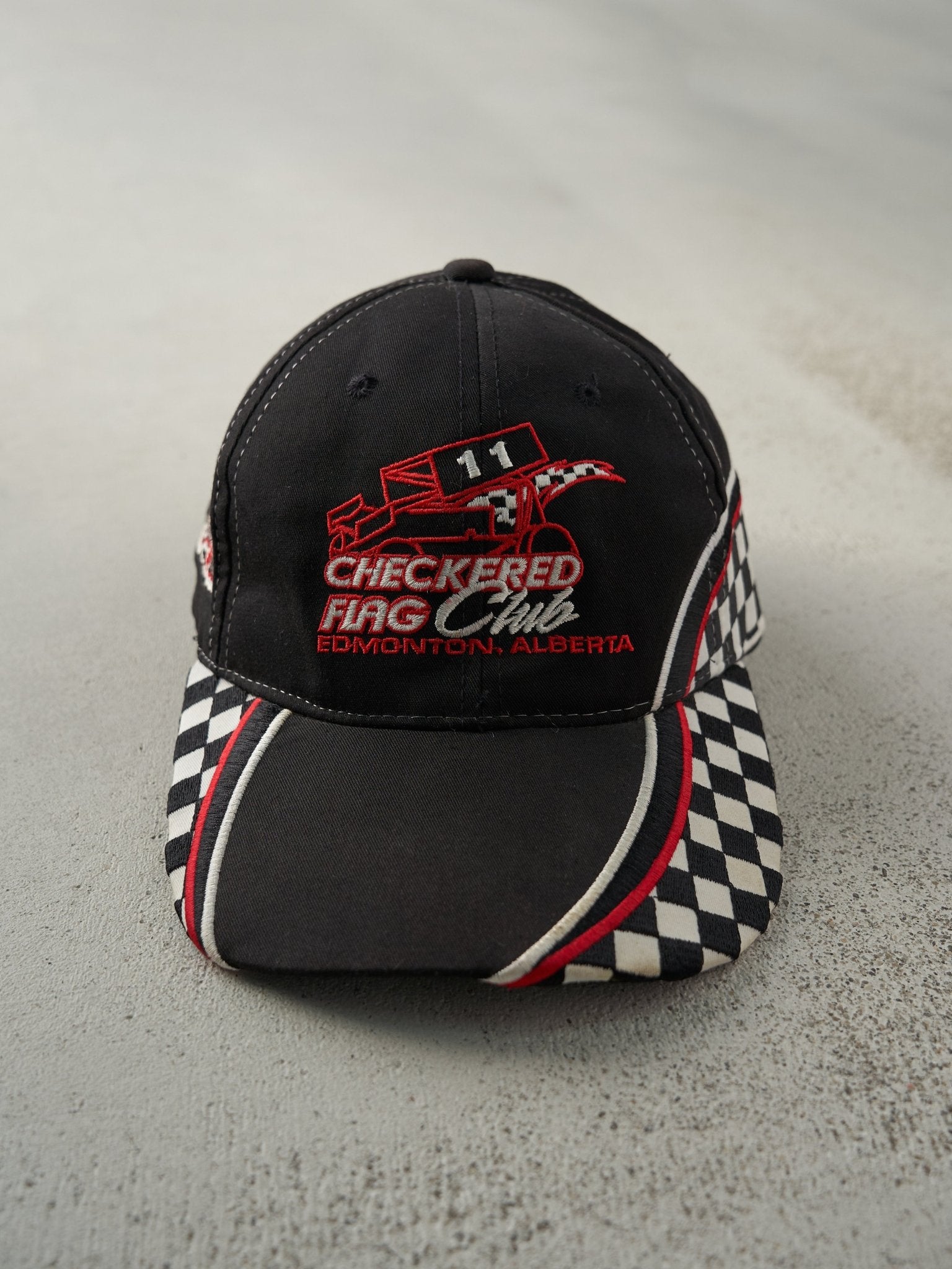 Vintage 90s Black Embroidered Checkered Flag Club Alberta Velcro Hat