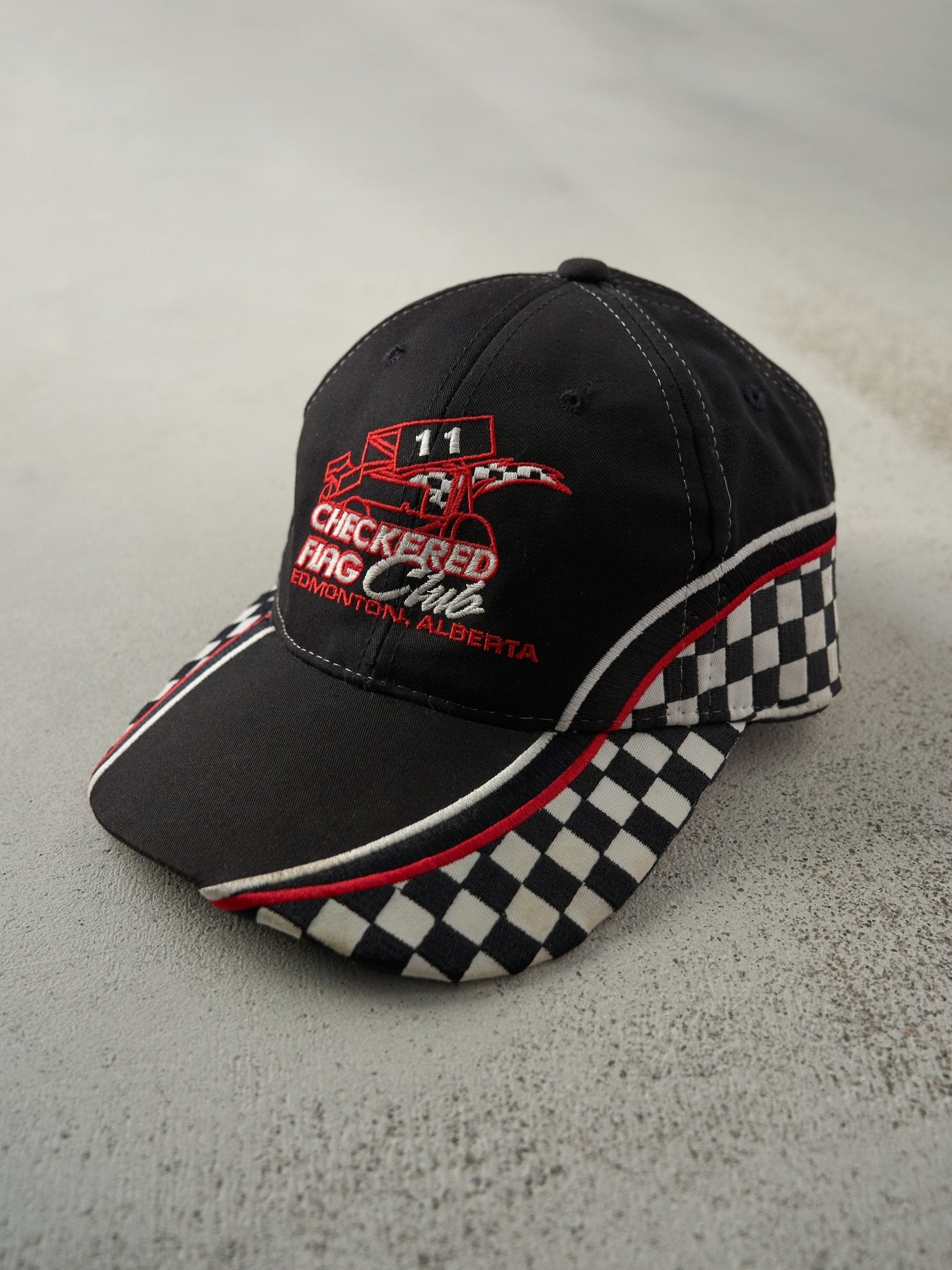 Vintage 90s Black Embroidered Checkered Flag Club Alberta Velcro Hat