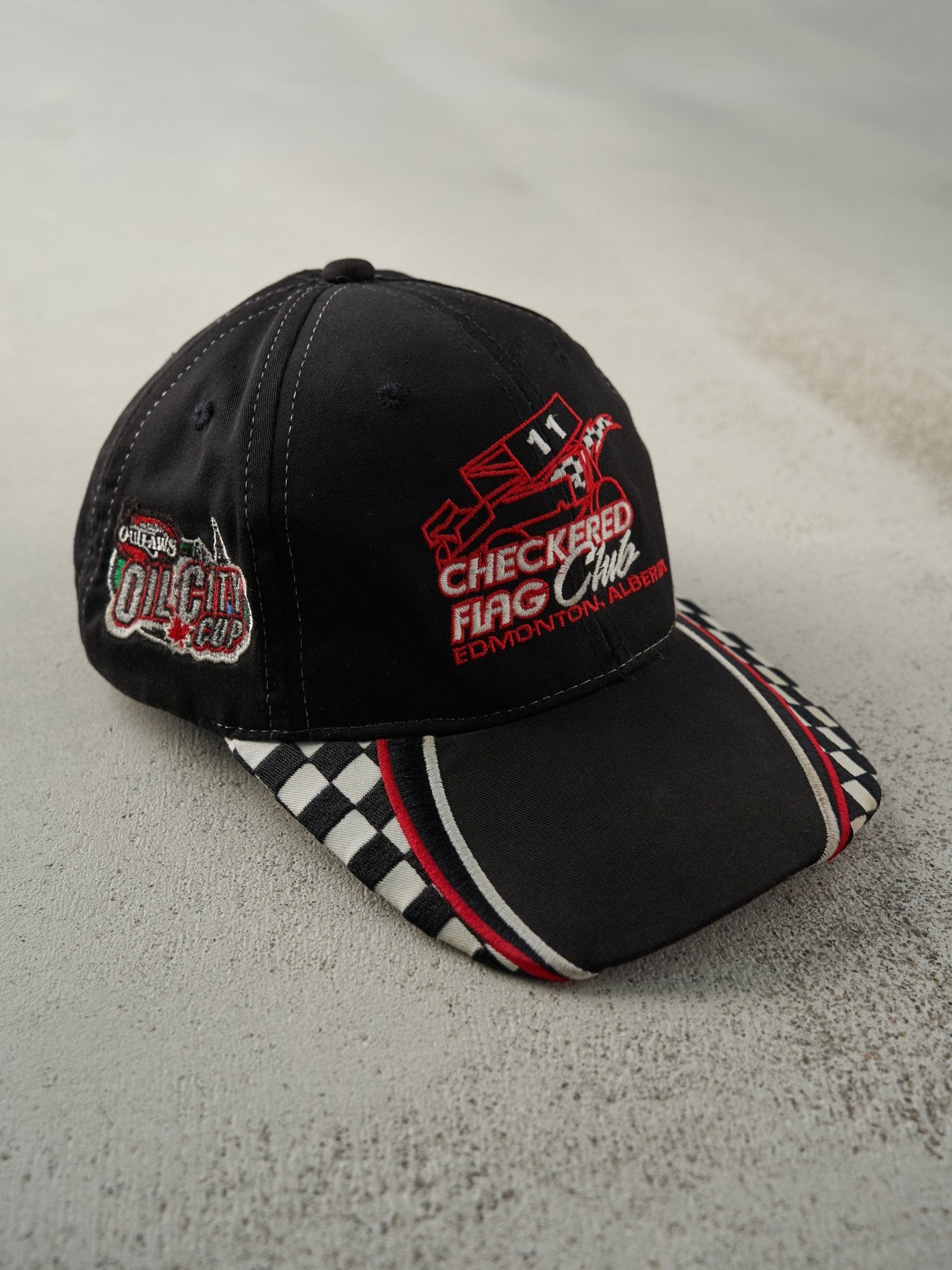 Vintage 90s Black Embroidered Checkered Flag Club Alberta Velcro Hat