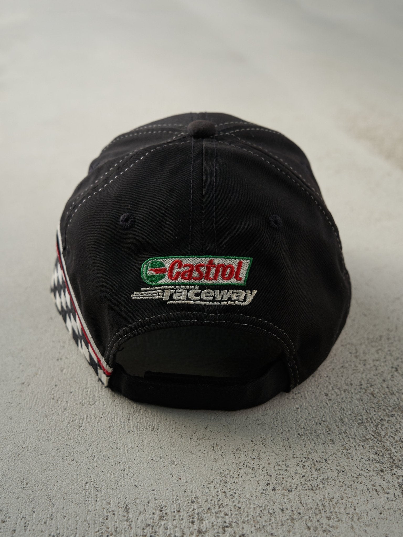 Vintage 90s Black Embroidered Checkered Flag Club Alberta Velcro Hat