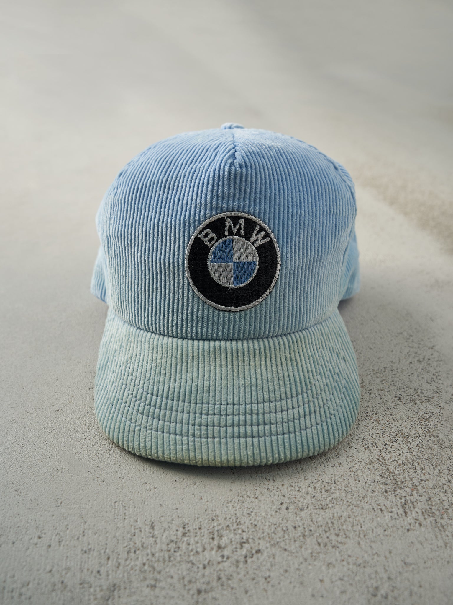 Vintage 80s Blue Embroidered BMW Logo Corduroy Snapback Hat