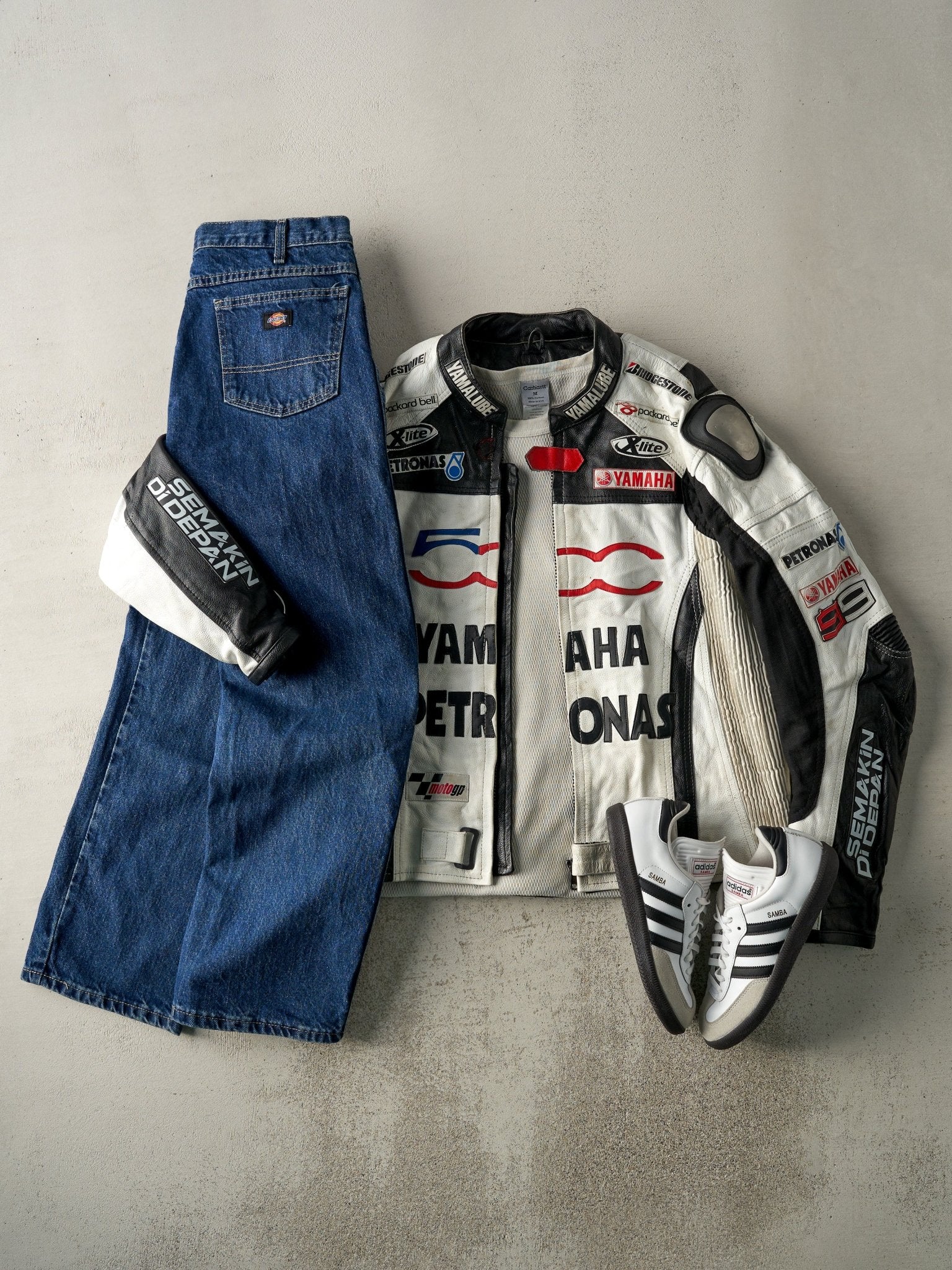 Vintage 90s White & Black Yamaha Leather Racing Biker Jacket (M)